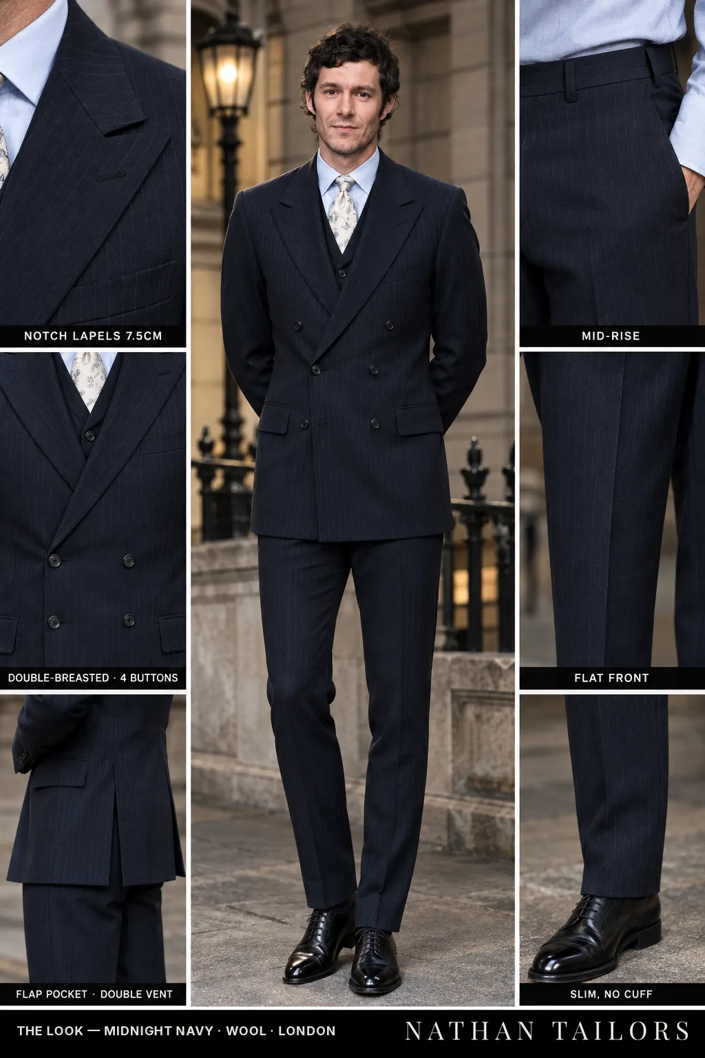 midnight navy pinstripe double-breasted bespoke suit โ custom tailored by Nathan Tailors, the Hoi An custom tailor