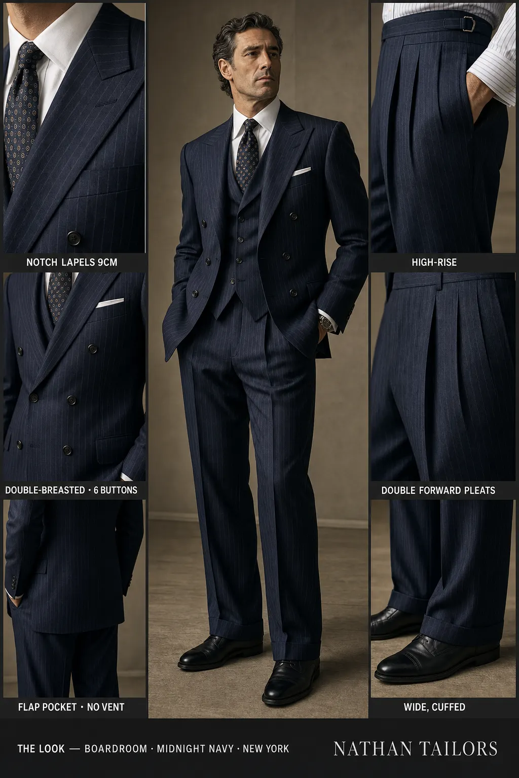 midnight navy pinstripe double-breasted notch-lapel bespoke suit — AI-rendered by Nathan Tailors, the Hoi An custom tailor. Available as a custom tailored suit from $149.
