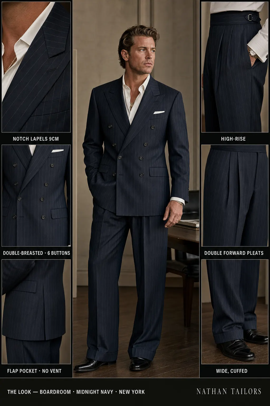 midnight navy pinstripe double-breasted notch-lapel bespoke suit — AI-rendered by Nathan Tailors, the Hoi An custom tailor. Available as a custom tailored suit from $149.