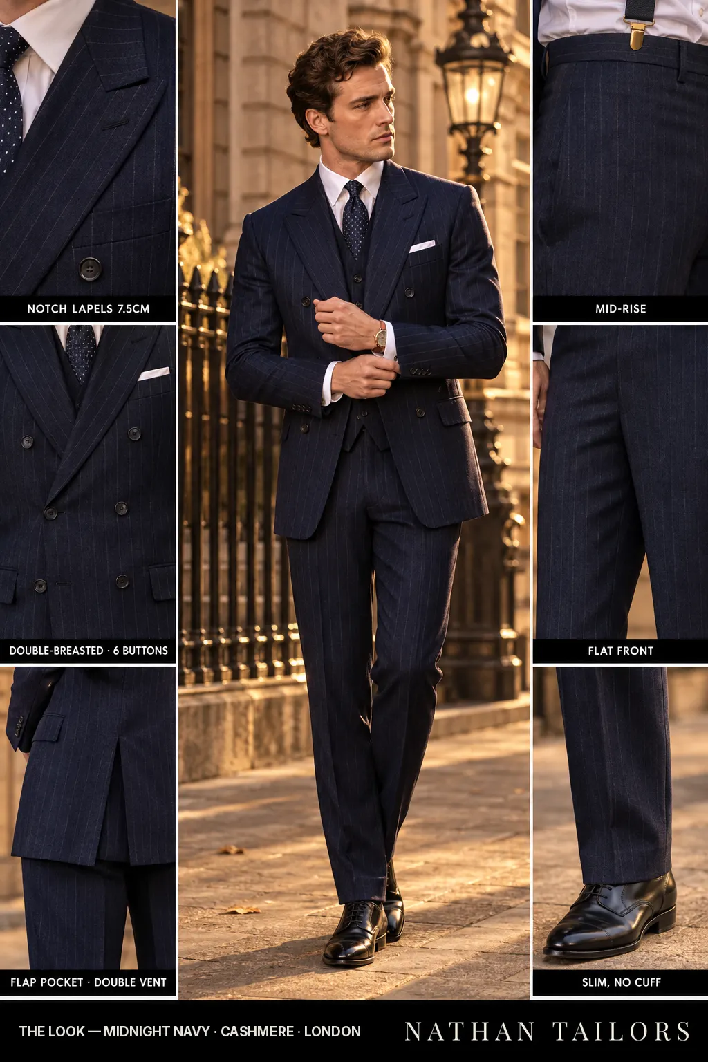 midnight navy pinstripe double-breasted bespoke suit โ custom tailored by Nathan Tailors, the Hoi An custom tailor