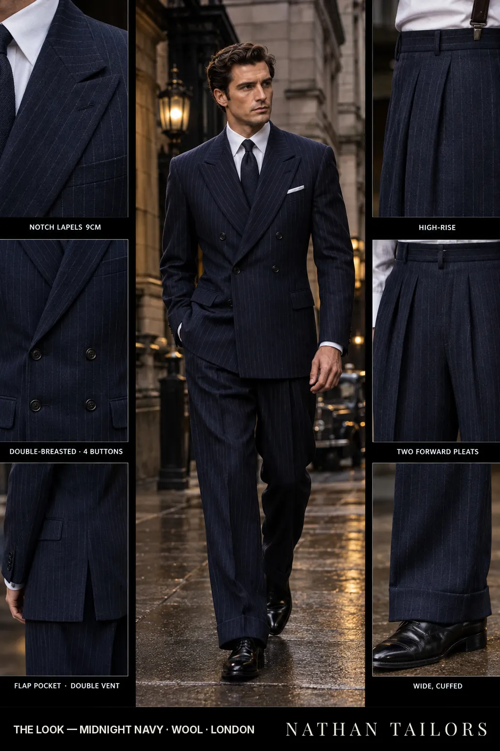 midnight navy pinstripe double-breasted bespoke suit — custom tailored by Nathan Tailors, the Hoi An custom tailor