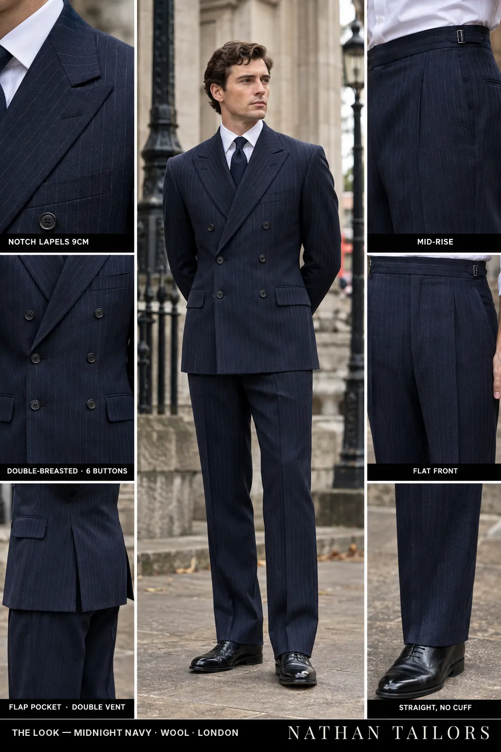 midnight navy pinstripe double-breasted bespoke suit — custom tailored by Nathan Tailors, the Hoi An custom tailor