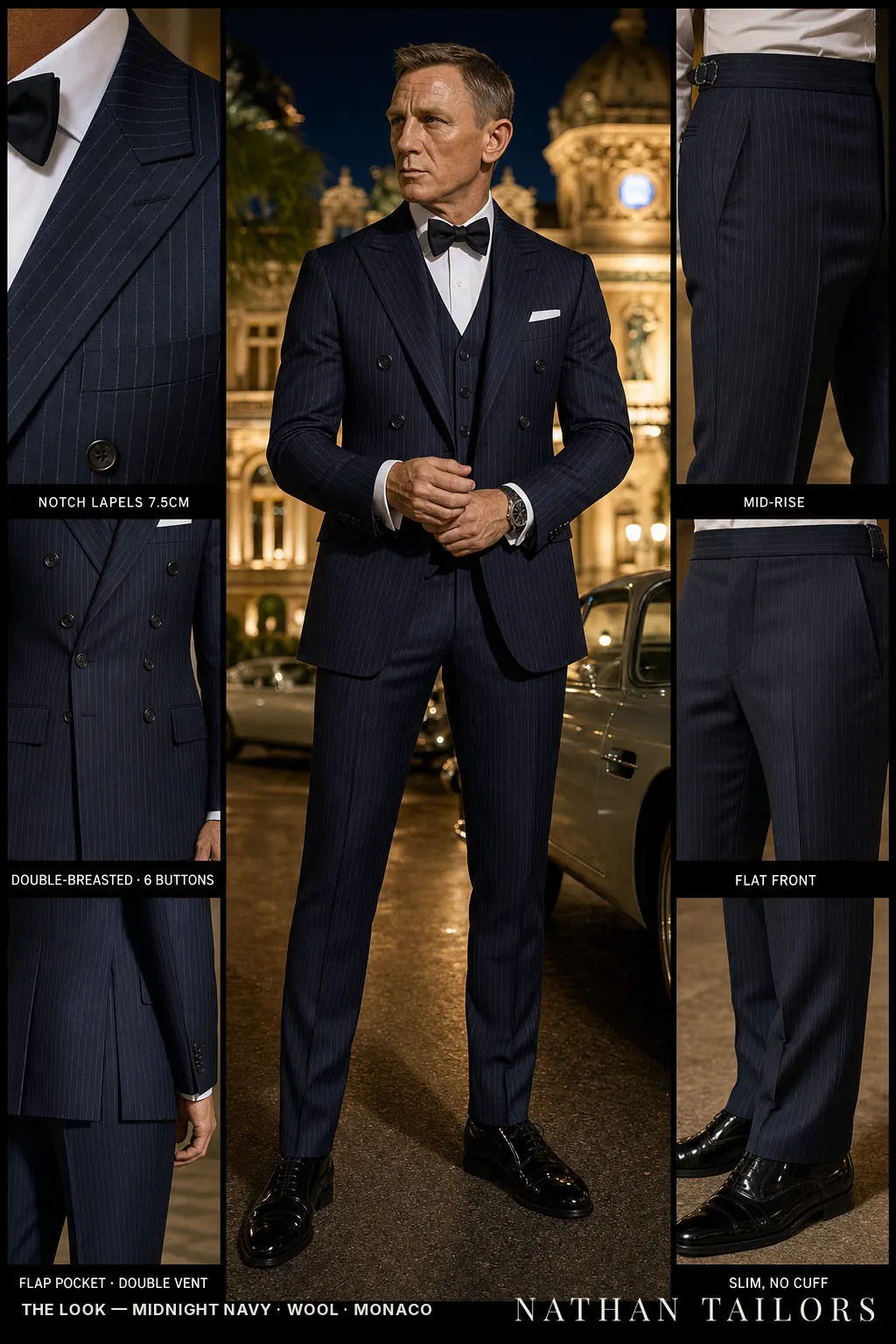 midnight navy pinstripe double-breasted bespoke suit — custom tailored by Nathan Tailors, the Hoi An custom tailor