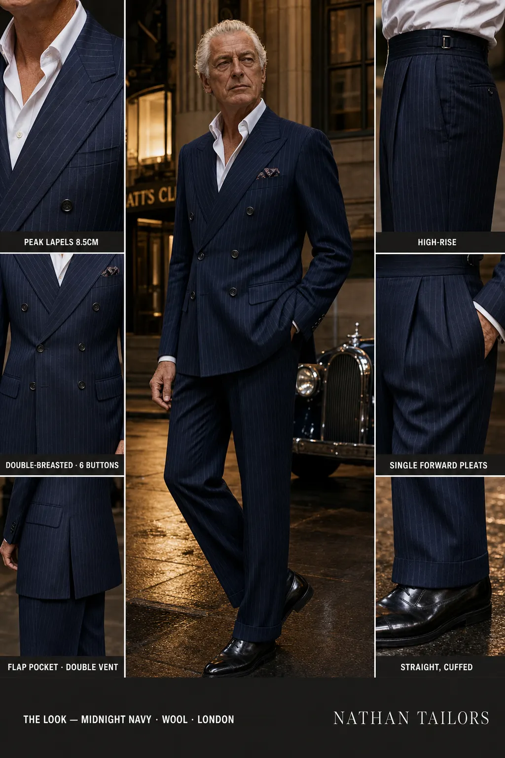 midnight navy pinstripe double-breasted peak-lapel bespoke suit — AI-rendered by Nathan Tailors, the Hoi An custom tailor. Available as a custom tailored suit from $149.
