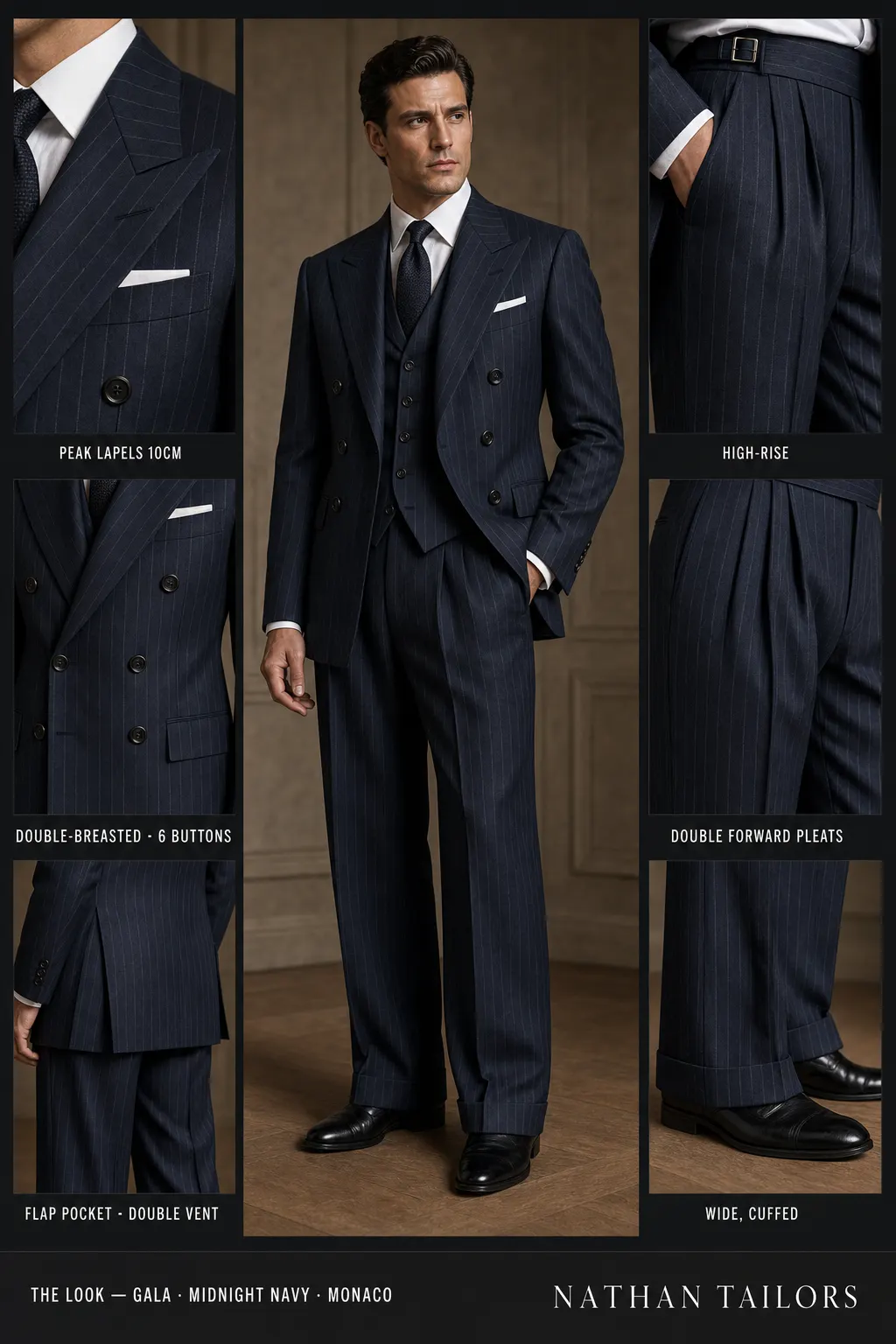 midnight navy pinstripe double-breasted peak-lapel bespoke suit โ AI-rendered by Nathan Tailors, the Hoi An custom tailor. Available as a custom tailored suit from $149.
