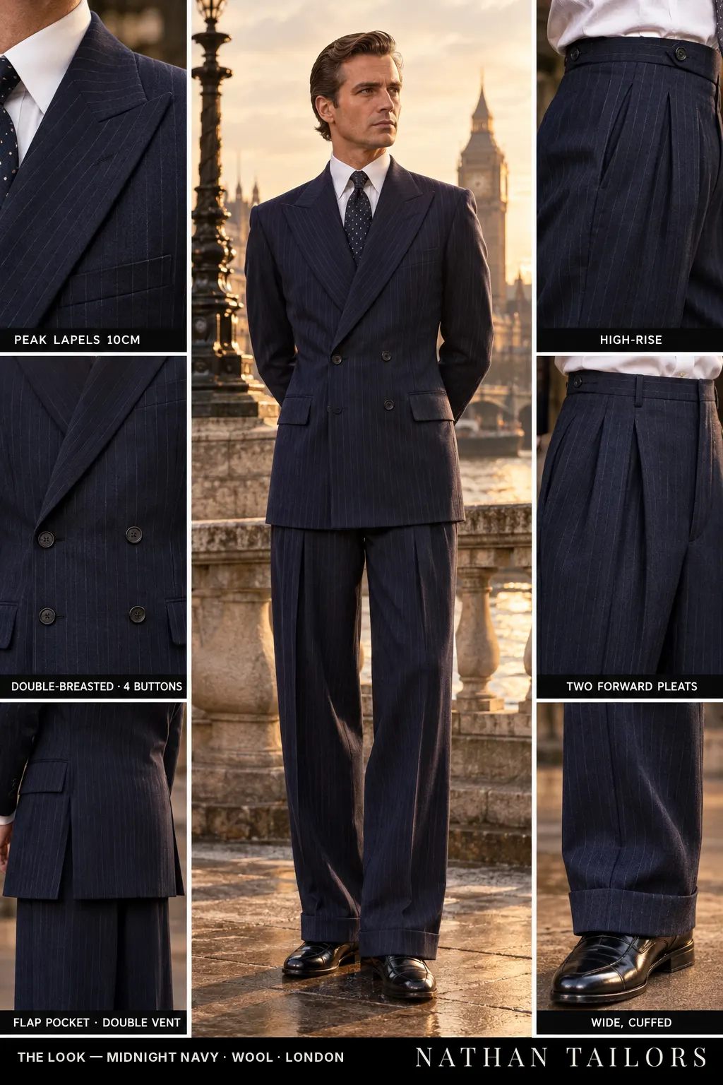 midnight navy pinstripe double-breasted bespoke suit โ custom tailored by Nathan Tailors, the Hoi An custom tailor