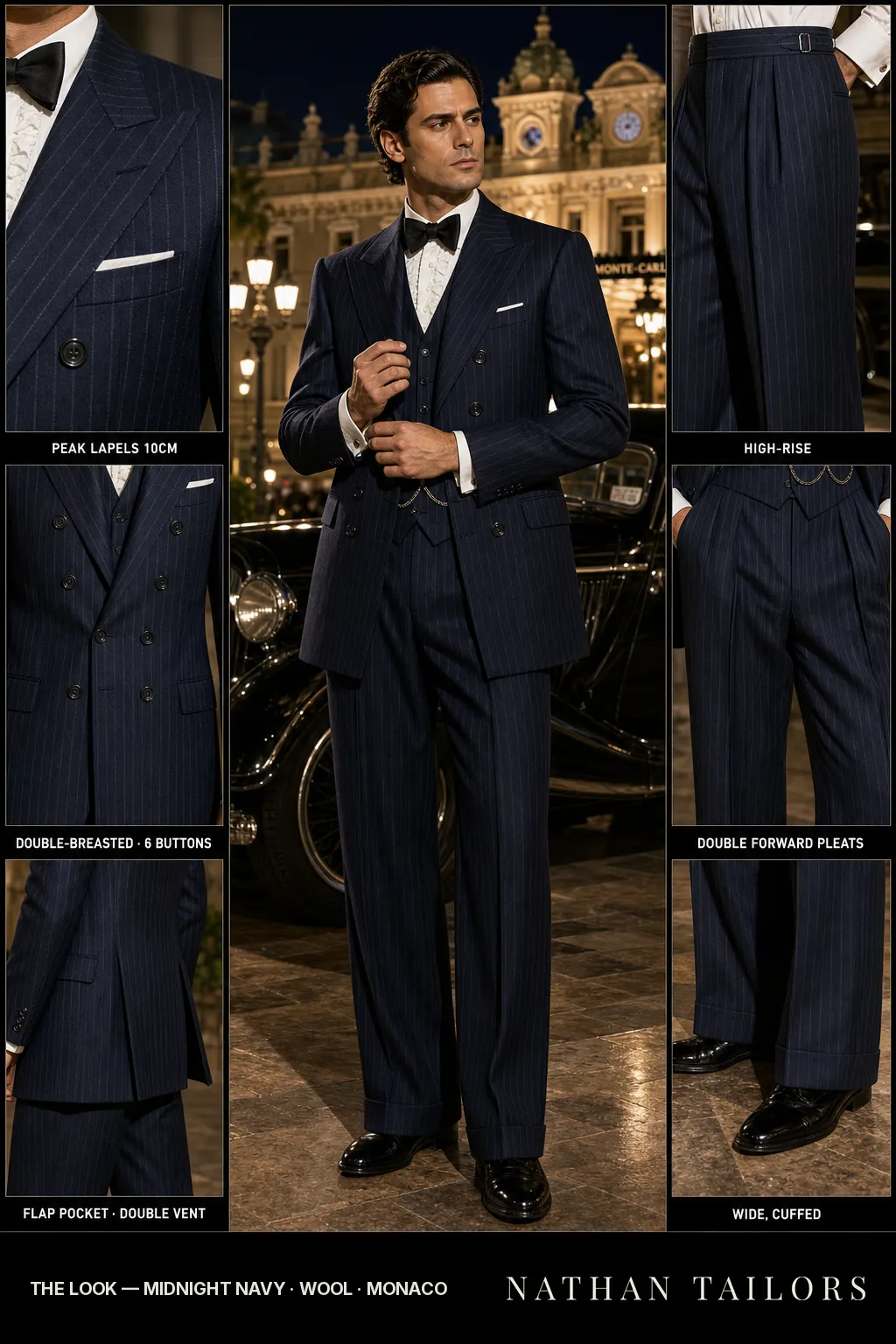 midnight navy pinstripe double-breasted peak-lapel bespoke suit โ AI-rendered by Nathan Tailors, the Hoi An custom tailor. Available as a custom tailored suit from $149.