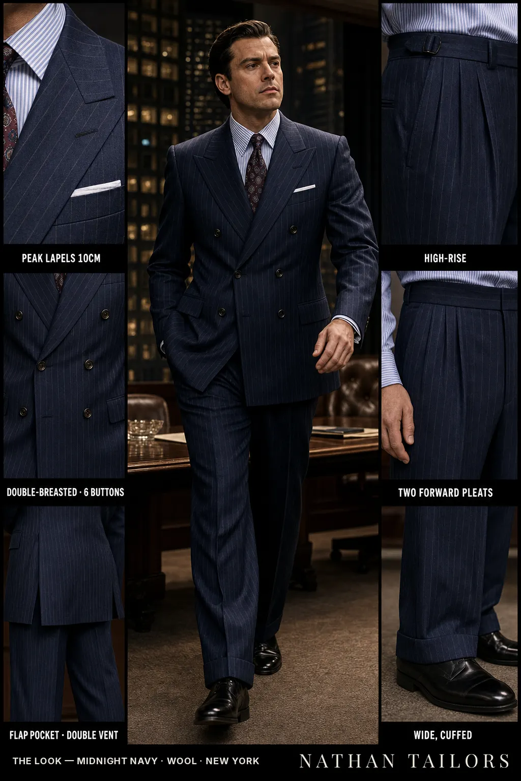 midnight navy pinstripe double-breasted bespoke suit — custom tailored by Nathan Tailors, the Hoi An custom tailor