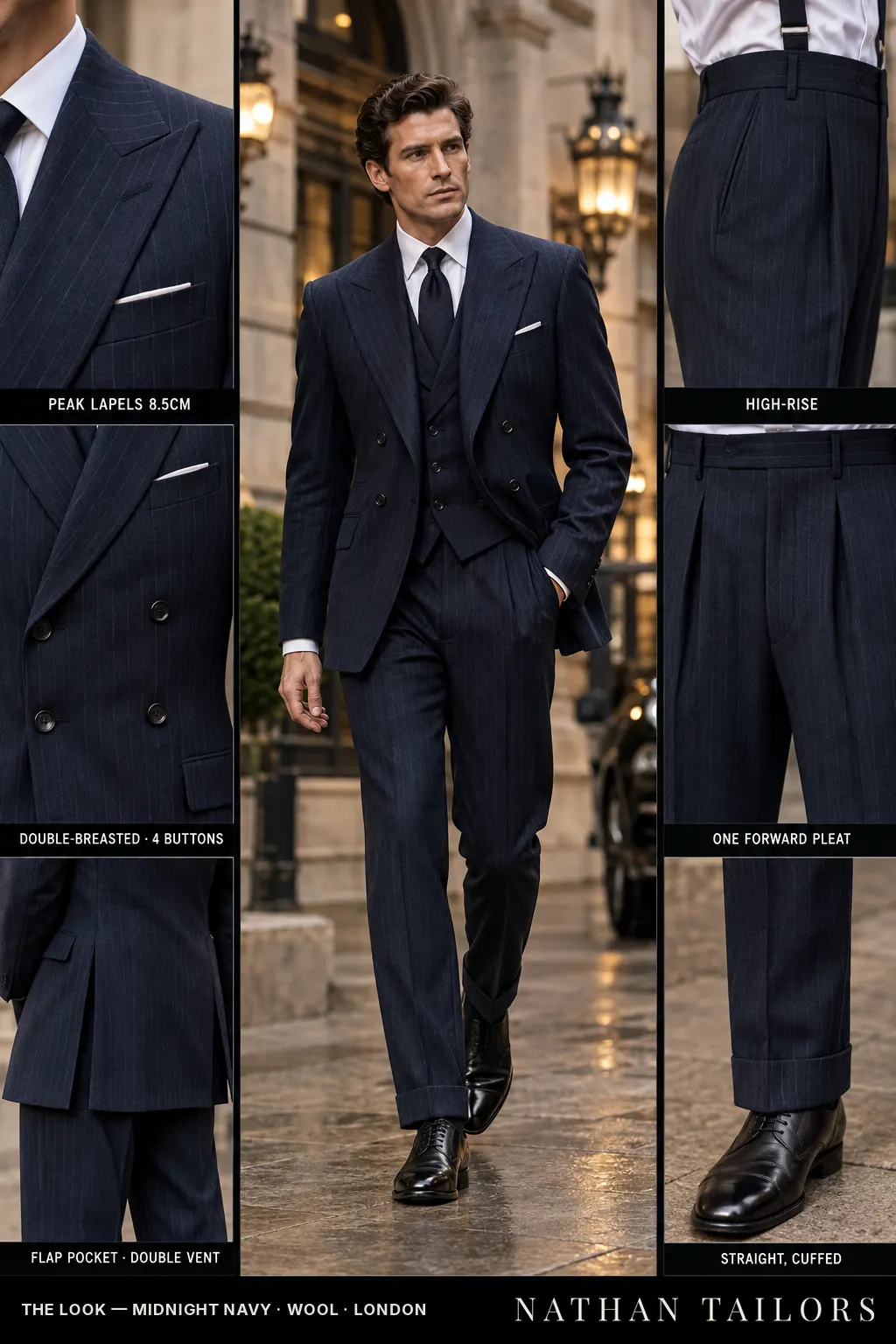 midnight navy pinstripe double-breasted peak-lapel bespoke suit โ AI-rendered by Nathan Tailors, the Hoi An custom tailor. Available as a custom tailored suit from $149.