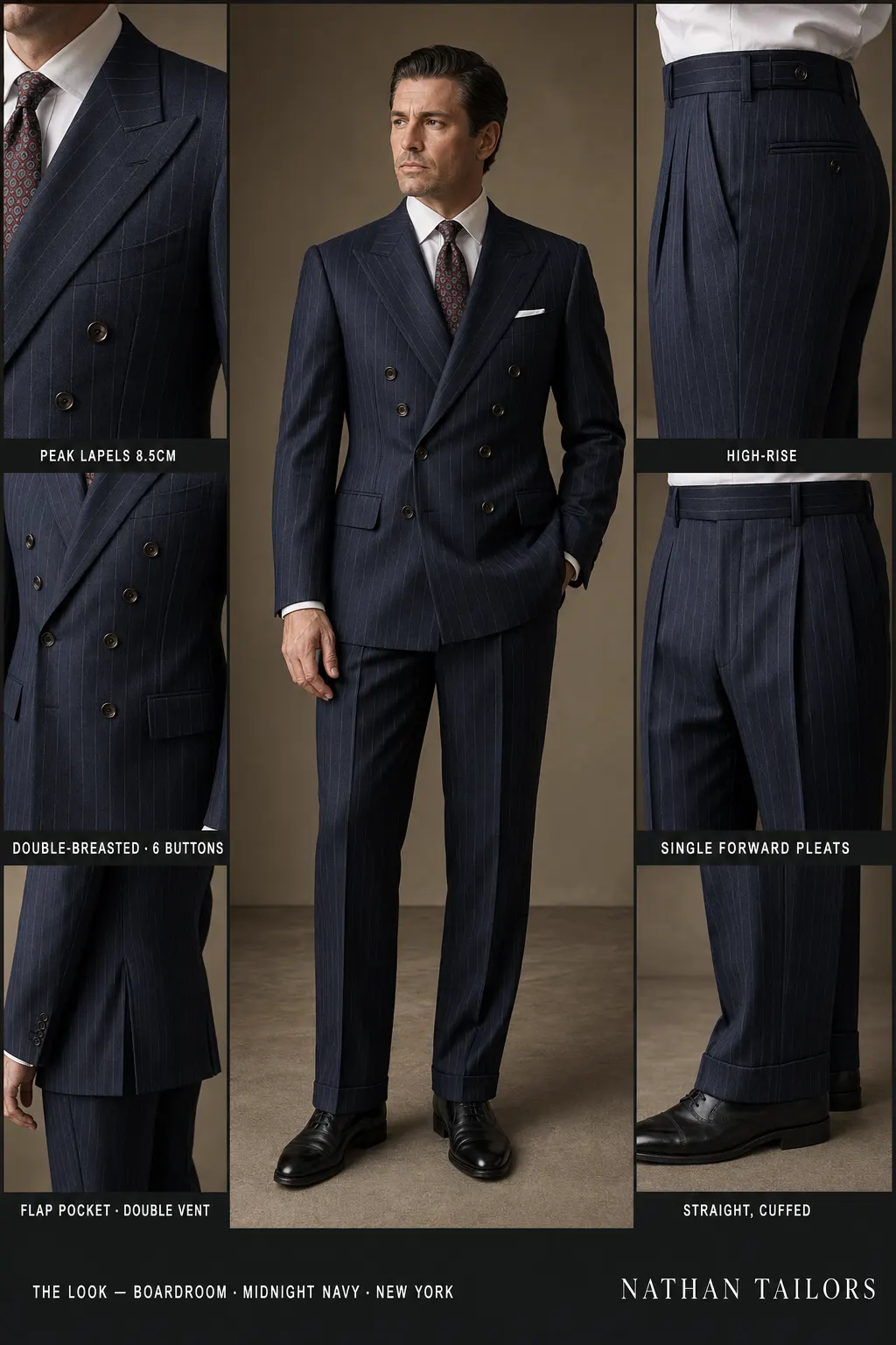 midnight navy pinstripe double-breasted peak-lapel bespoke suit — AI-rendered by Nathan Tailors, the Hoi An custom tailor. Available as a custom tailored suit from $149.