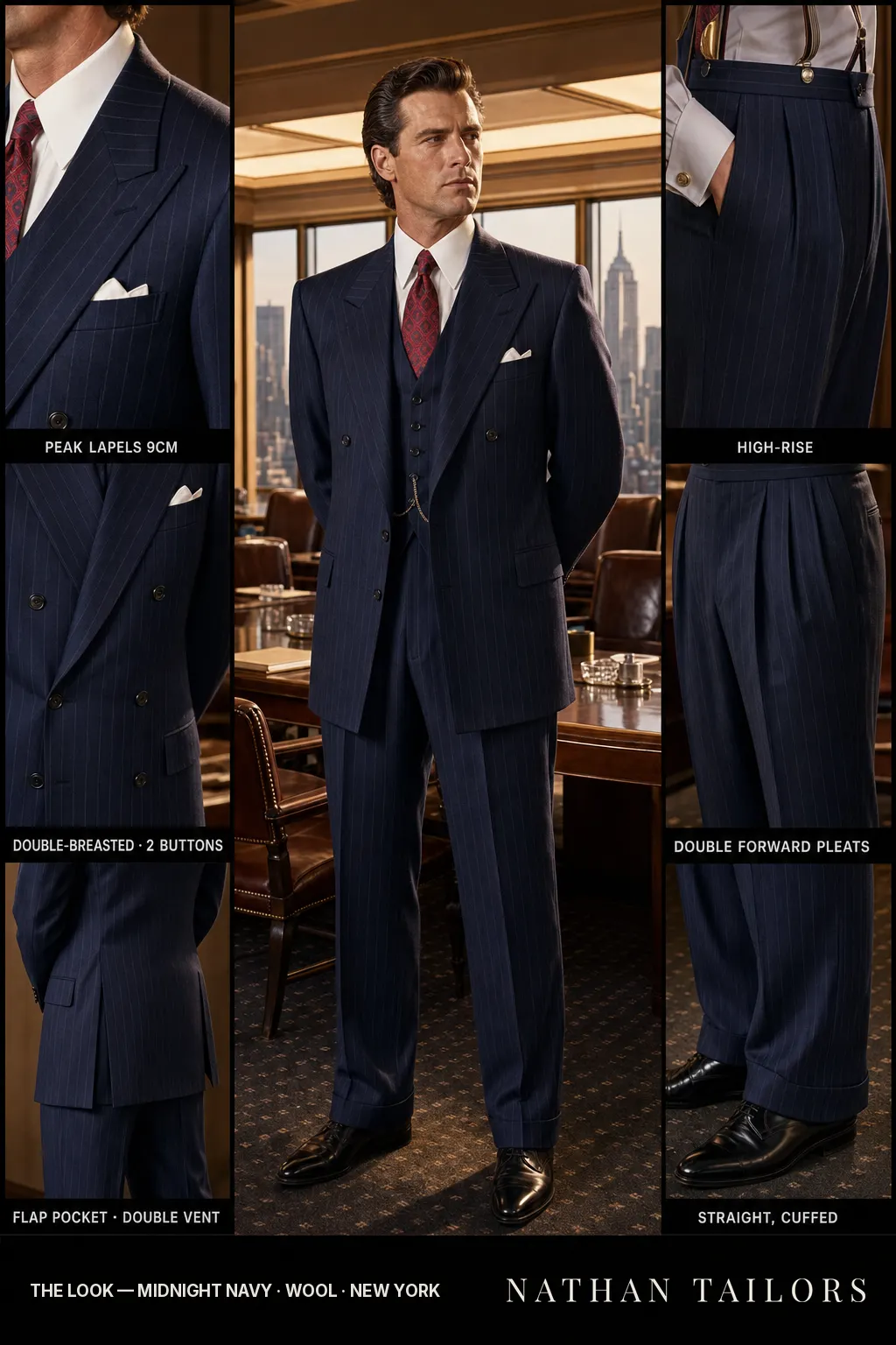 midnight navy pinstripe double-breasted peak-lapel bespoke suit — AI-rendered by Nathan Tailors, the Hoi An custom tailor. Available as a custom tailored suit from $149.