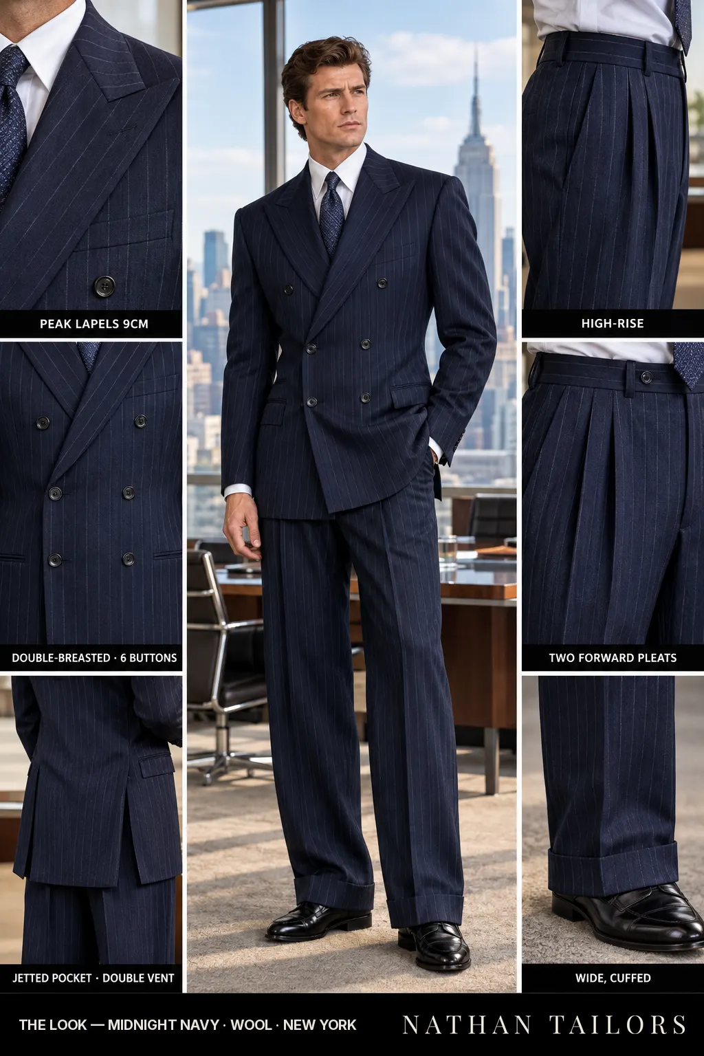 midnight navy pinstripe double-breasted peak-lapel bespoke suit — AI-rendered by Nathan Tailors, the Hoi An custom tailor. Available as a custom tailored suit from $149.