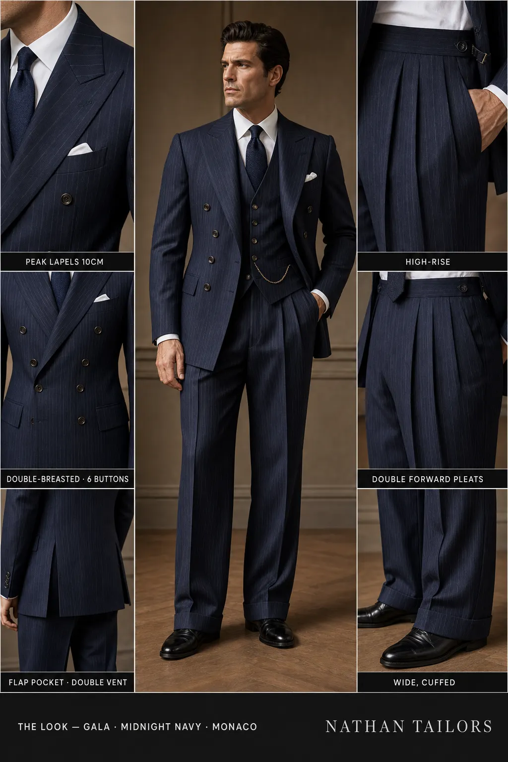 midnight navy pinstripe double-breasted peak-lapel bespoke suit — AI-rendered by Nathan Tailors, the Hoi An custom tailor. Available as a custom tailored suit from $149.