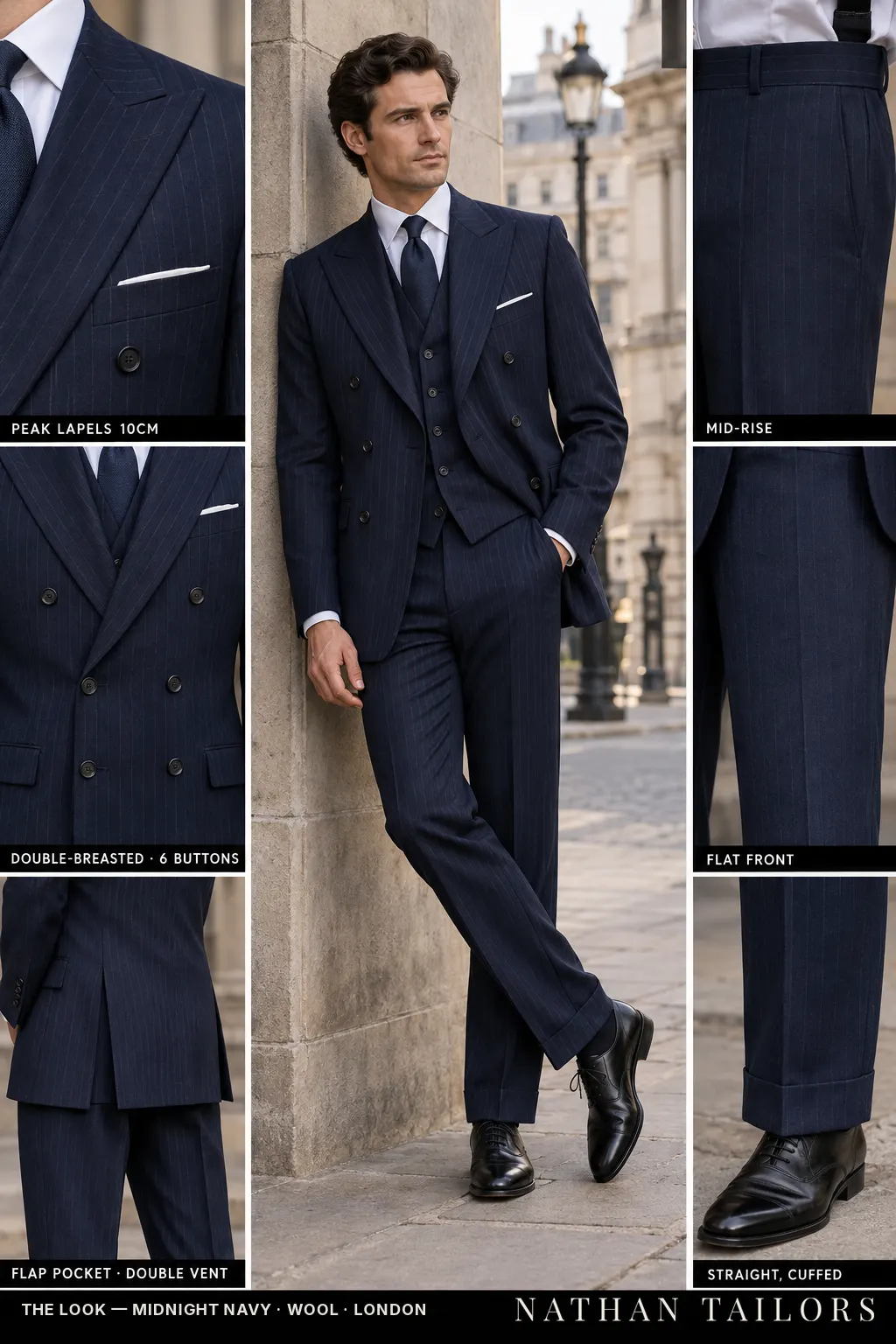midnight navy pinstripe double-breasted bespoke suit — custom tailored by Nathan Tailors, the Hoi An custom tailor