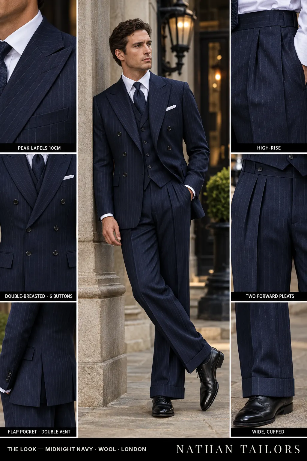 midnight navy pinstripe double-breasted bespoke suit โ custom tailored by Nathan Tailors, the Hoi An custom tailor