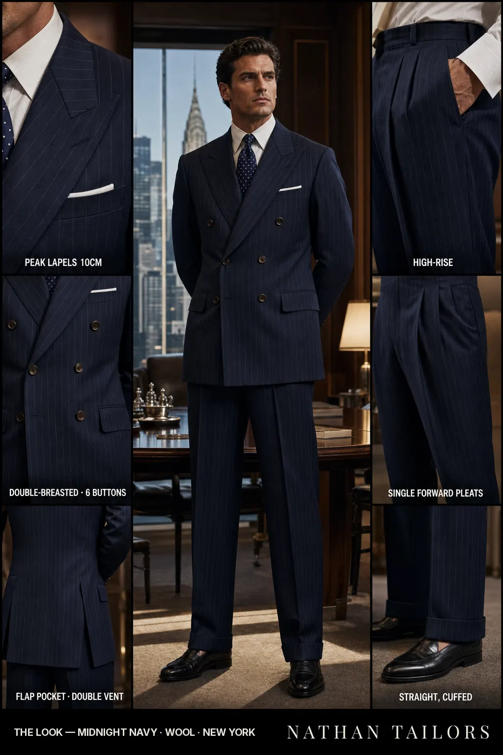 midnight navy pinstripe double-breasted peak-lapel bespoke suit โ AI-rendered by Nathan Tailors, the Hoi An custom tailor. Available as a custom tailored suit from $149.