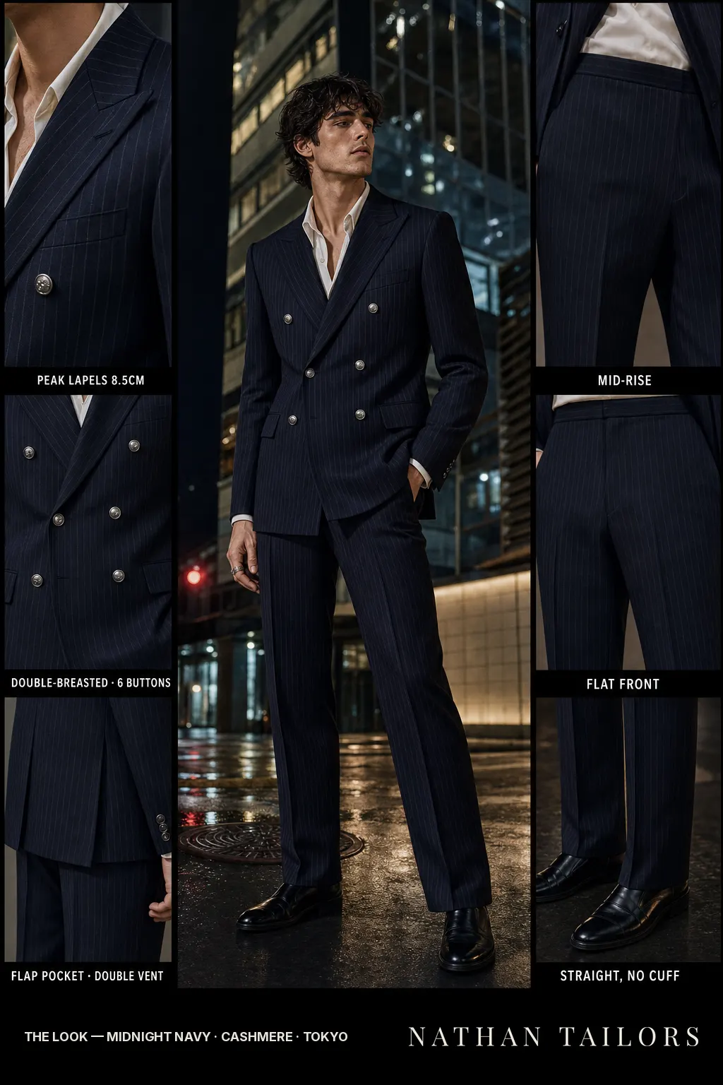 midnight navy pinstripe double-breasted peak-lapel bespoke suit โ AI-rendered by Nathan Tailors, the Hoi An custom tailor. Available as a custom tailored suit from $149.