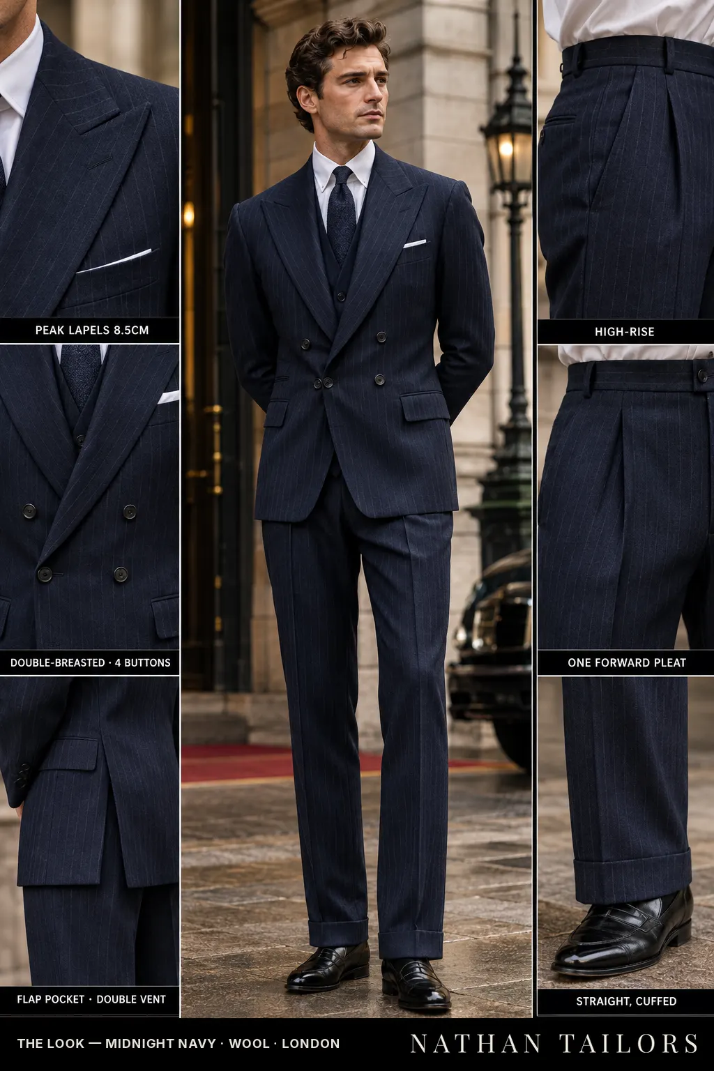 midnight navy pinstripe double-breasted peak-lapel bespoke suit โ AI-rendered by Nathan Tailors, the Hoi An custom tailor. Available as a custom tailored suit from $149.