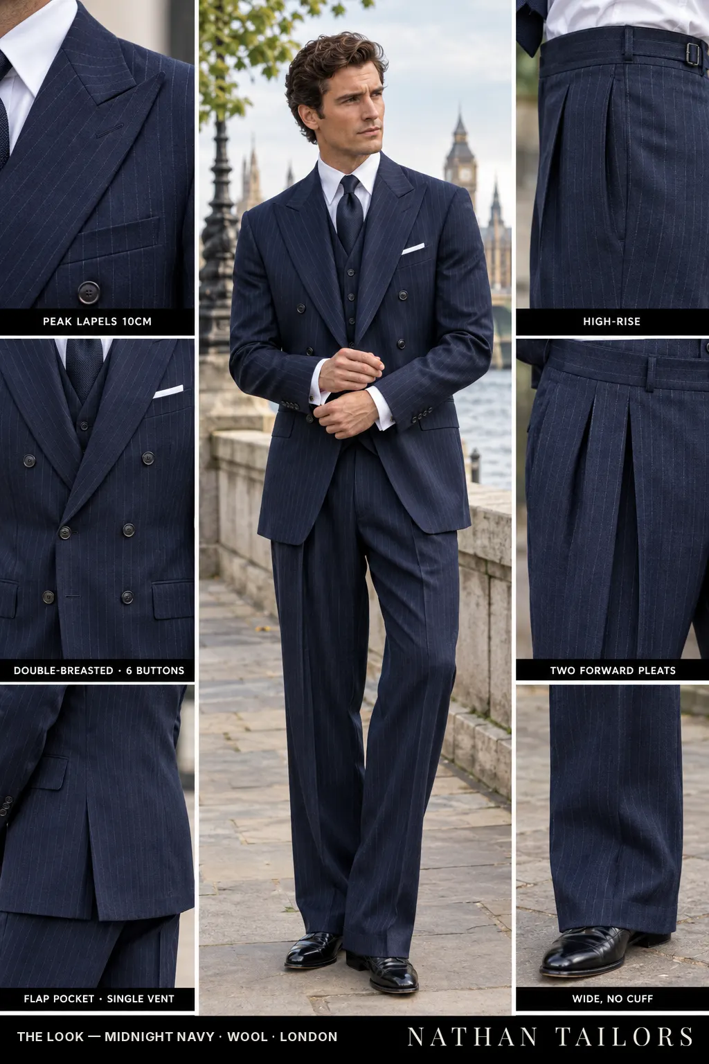 midnight navy pinstripe double-breasted bespoke suit โ custom tailored by Nathan Tailors, the Hoi An custom tailor