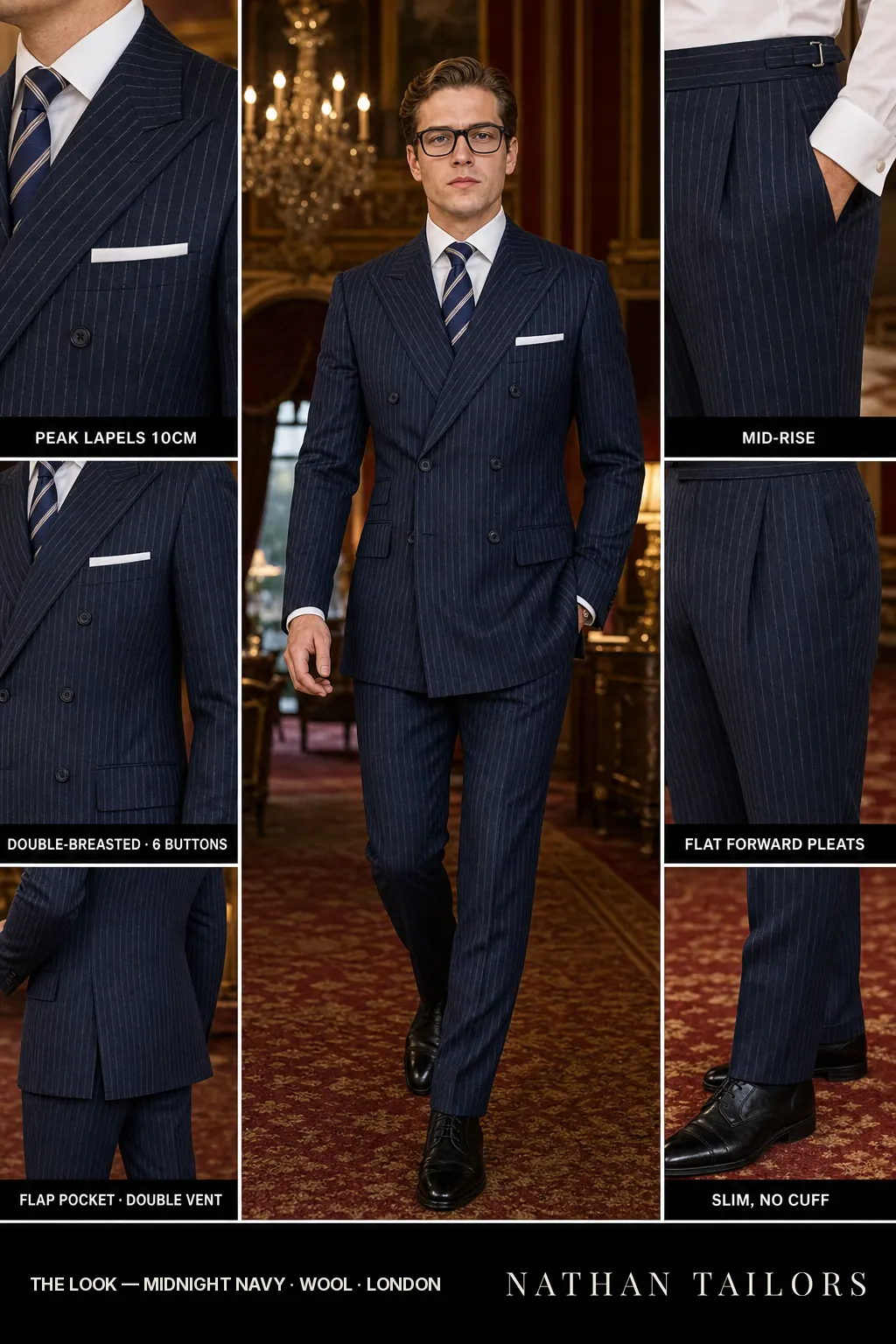 midnight navy pinstripe double-breasted peak-lapel bespoke suit — AI-rendered by Nathan Tailors, the Hoi An custom tailor. Available as a custom tailored suit from $149.