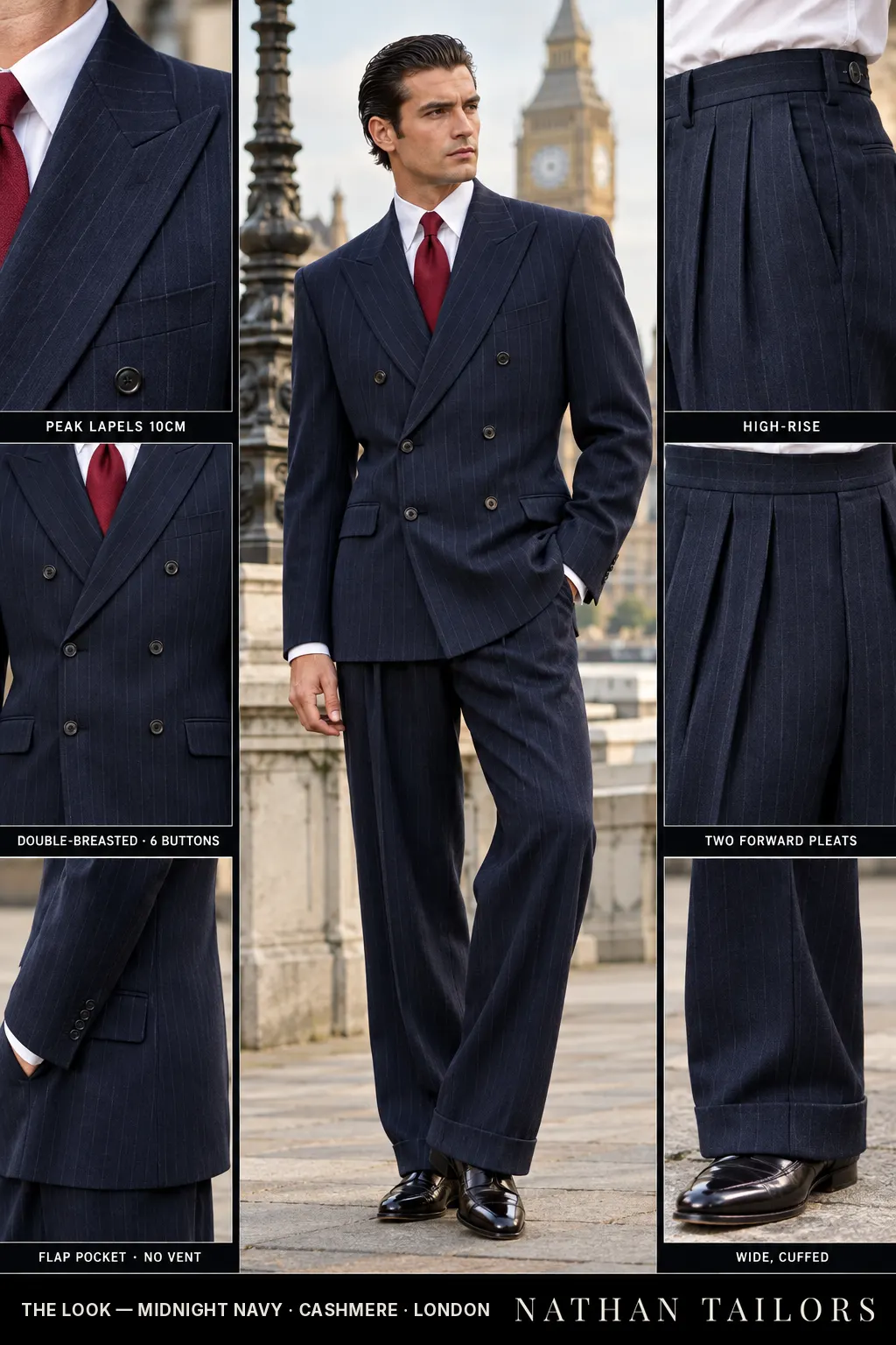 midnight navy pinstripe double-breasted peak-lapel bespoke suit — AI-rendered by Nathan Tailors, the Hoi An custom tailor. Available as a custom tailored suit from $149.