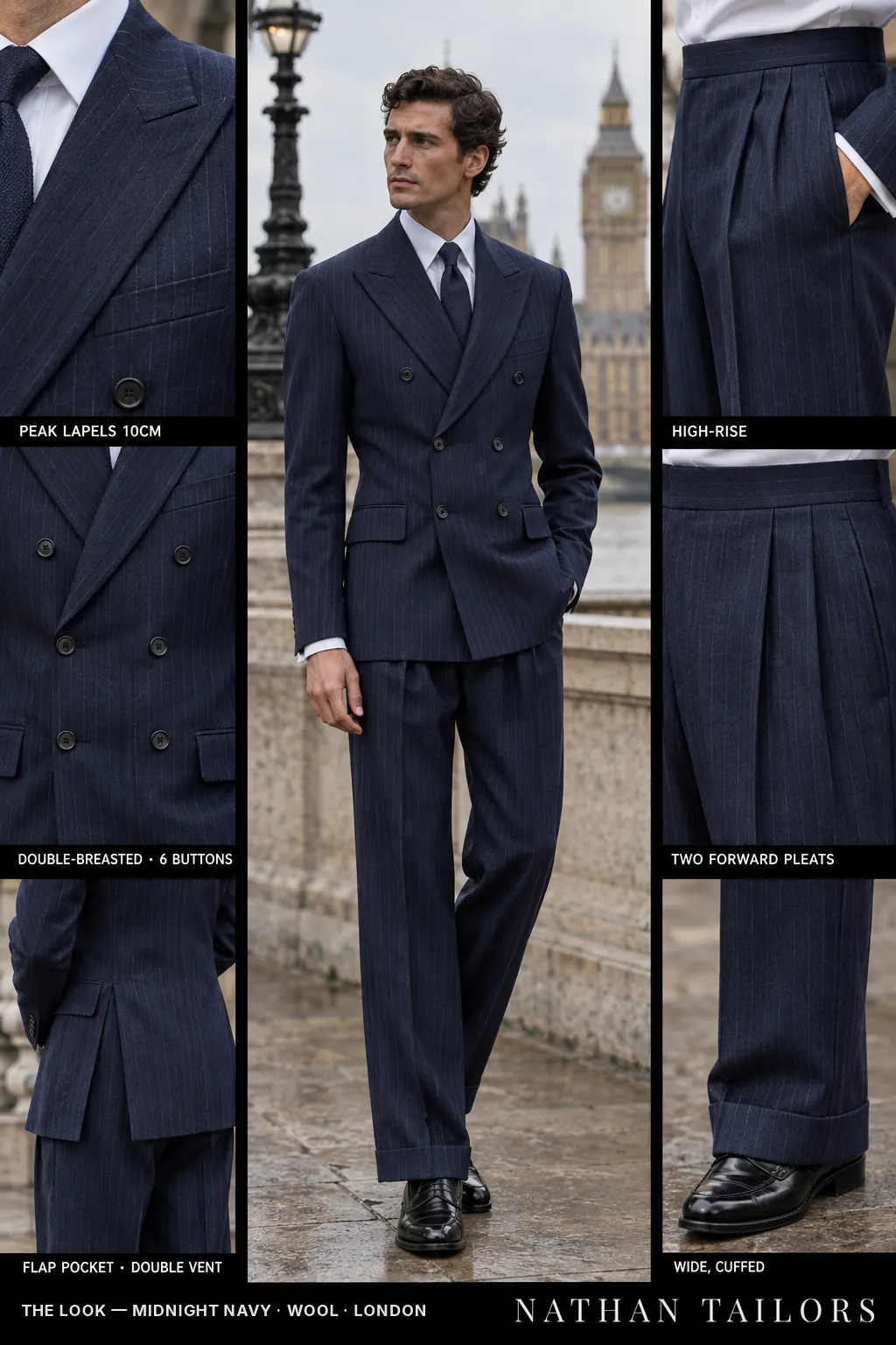 midnight navy pinstripe double-breasted peak-lapel bespoke suit โ AI-rendered by Nathan Tailors, the Hoi An custom tailor. Available as a custom tailored suit from $169.