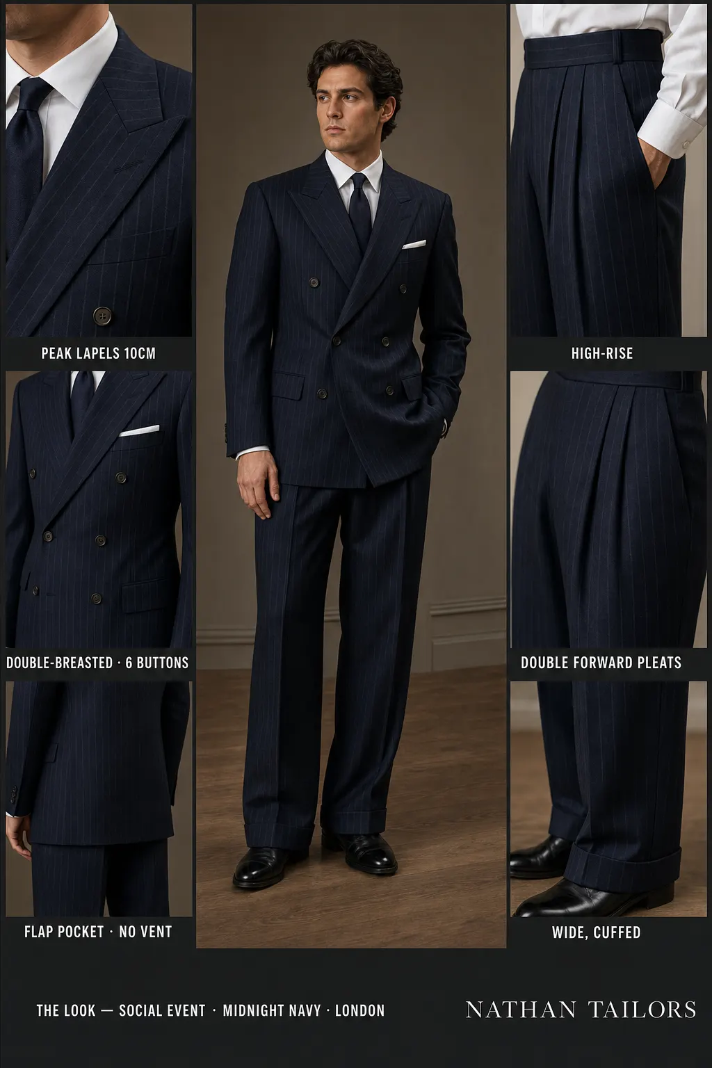 midnight navy pinstripe double-breasted peak-lapel bespoke suit โ AI-rendered by Nathan Tailors, the Hoi An custom tailor. Available as a custom tailored suit from $149.