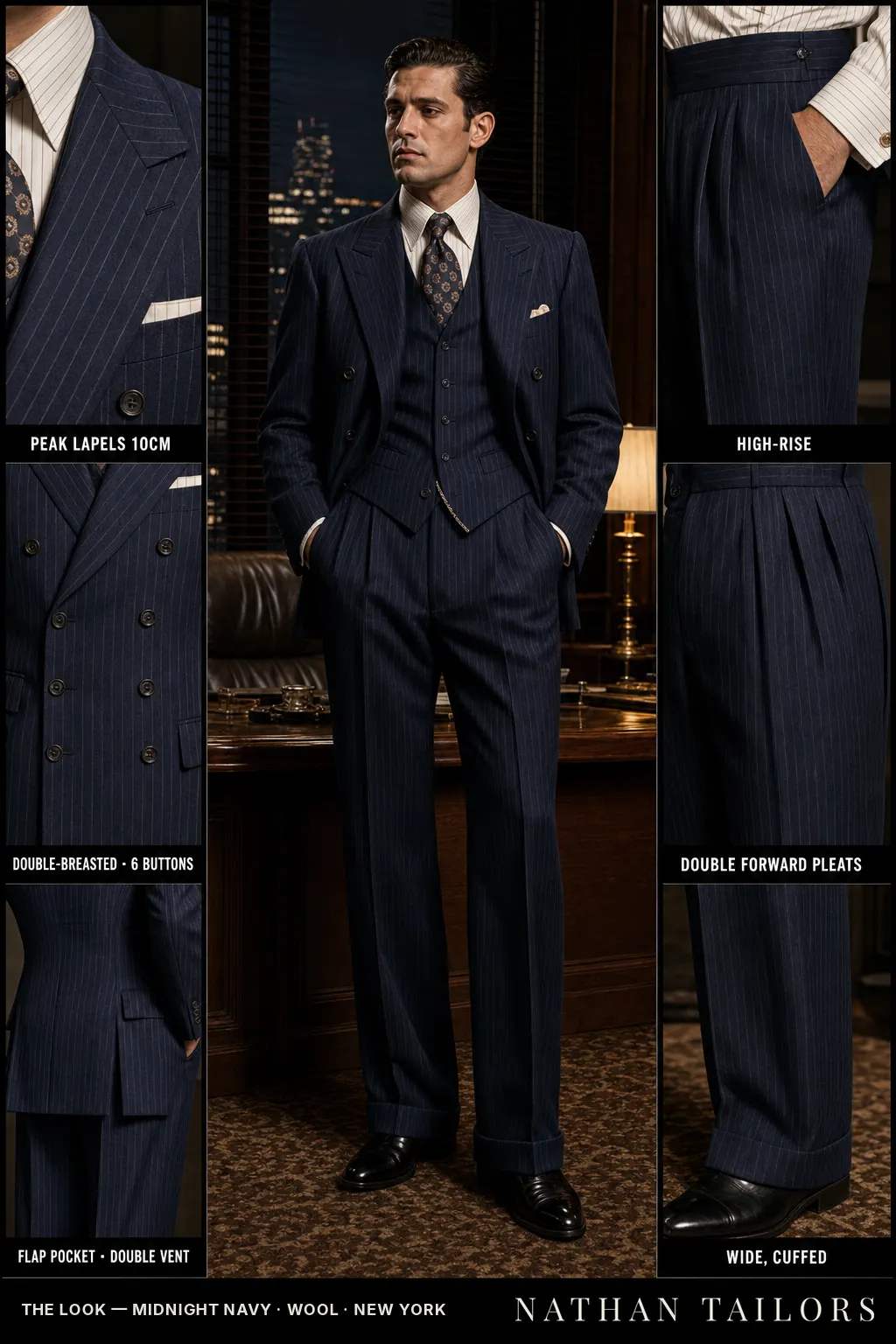 midnight navy pinstripe double-breasted peak-lapel bespoke suit โ AI-rendered by Nathan Tailors, the Hoi An custom tailor. Available as a custom tailored suit from $149.