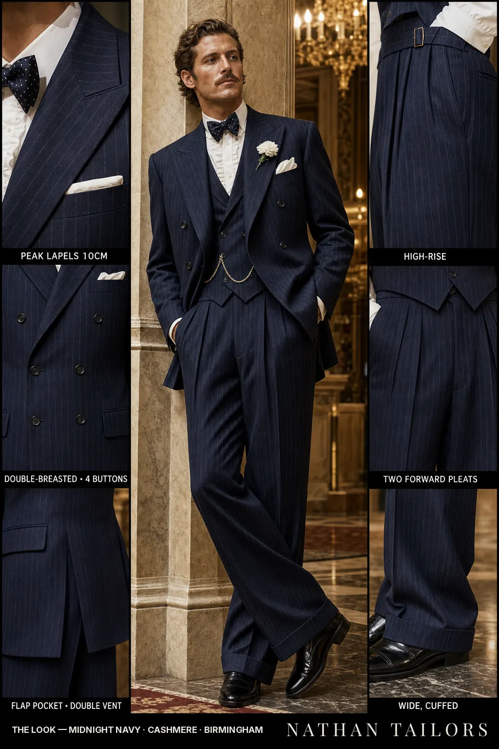 midnight navy pinstripe double-breasted bespoke suit — custom tailored by Nathan Tailors, the Hoi An custom tailor