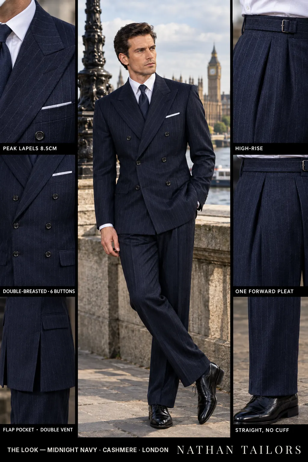midnight navy pinstripe double-breasted bespoke suit โ custom tailored by Nathan Tailors, the Hoi An custom tailor