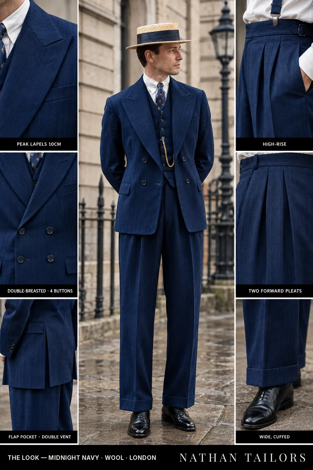 midnight navy pinstripe double-breasted bespoke suit — custom tailored by Nathan Tailors, the Hoi An custom tailor