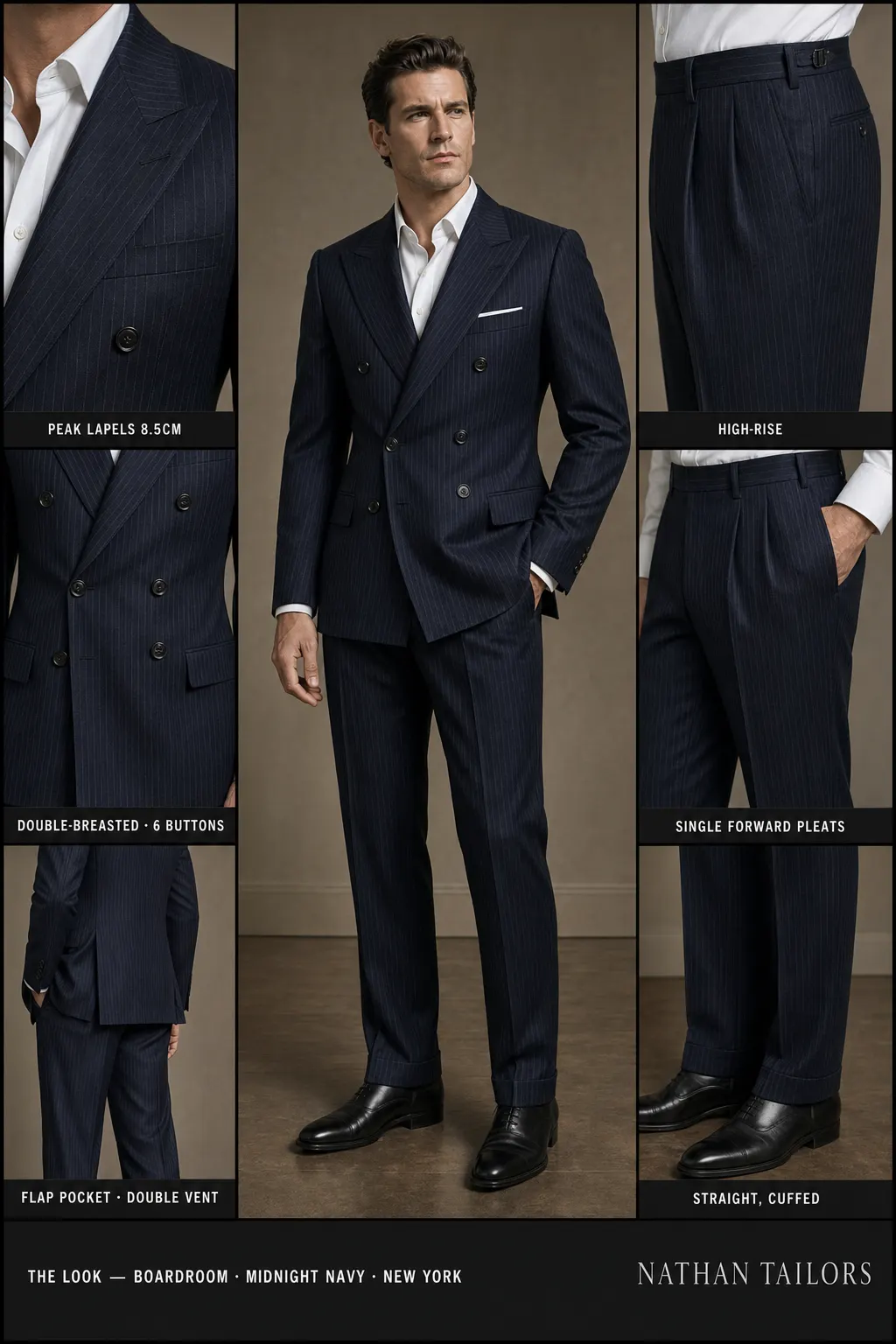 midnight navy pinstripe double-breasted peak-lapel bespoke suit — AI-rendered by Nathan Tailors, the Hoi An custom tailor. Available as a custom tailored suit from $149.