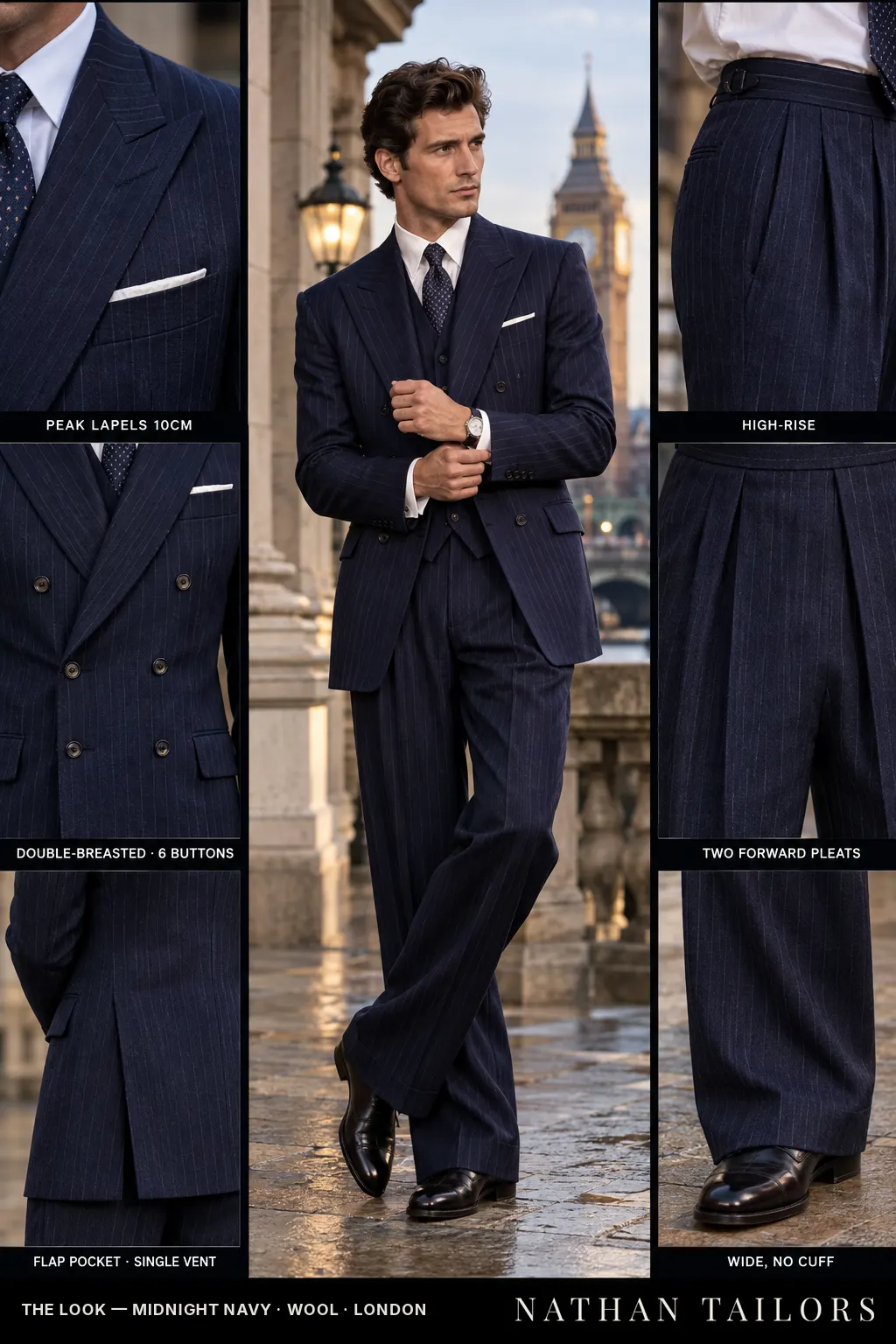 midnight navy pinstripe double-breasted peak-lapel bespoke suit โ AI-rendered by Nathan Tailors, the Hoi An custom tailor. Available as a custom tailored suit from $169.