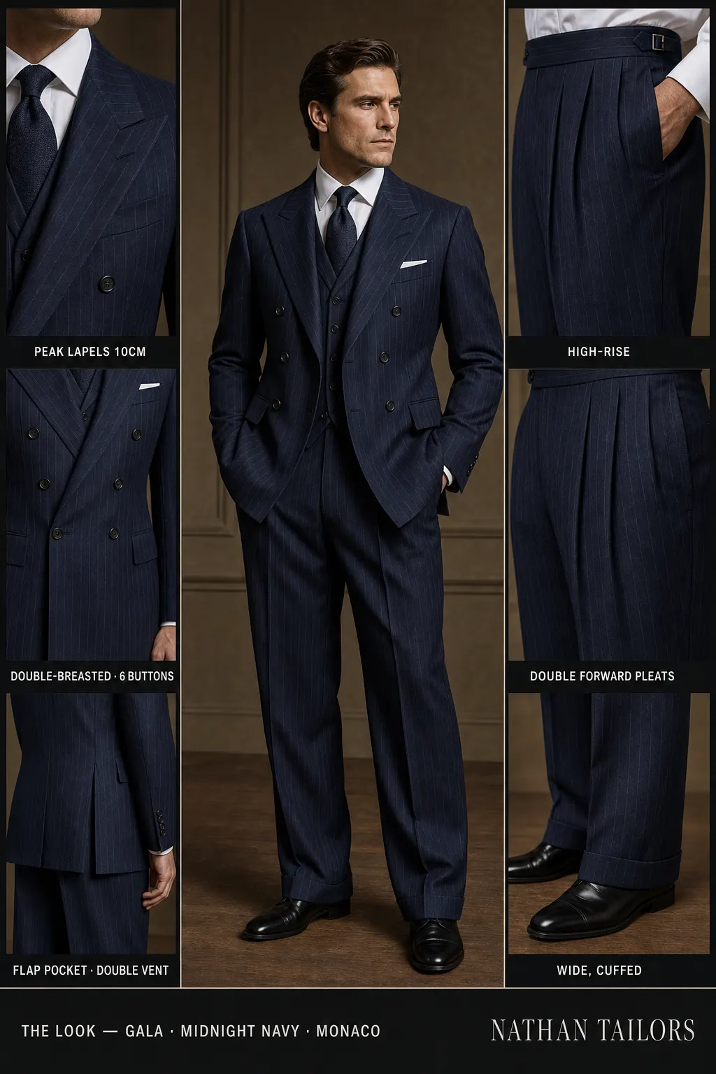 midnight navy pinstripe double-breasted peak-lapel bespoke suit โ AI-rendered by Nathan Tailors, the Hoi An custom tailor. Available as a custom tailored suit from $149.