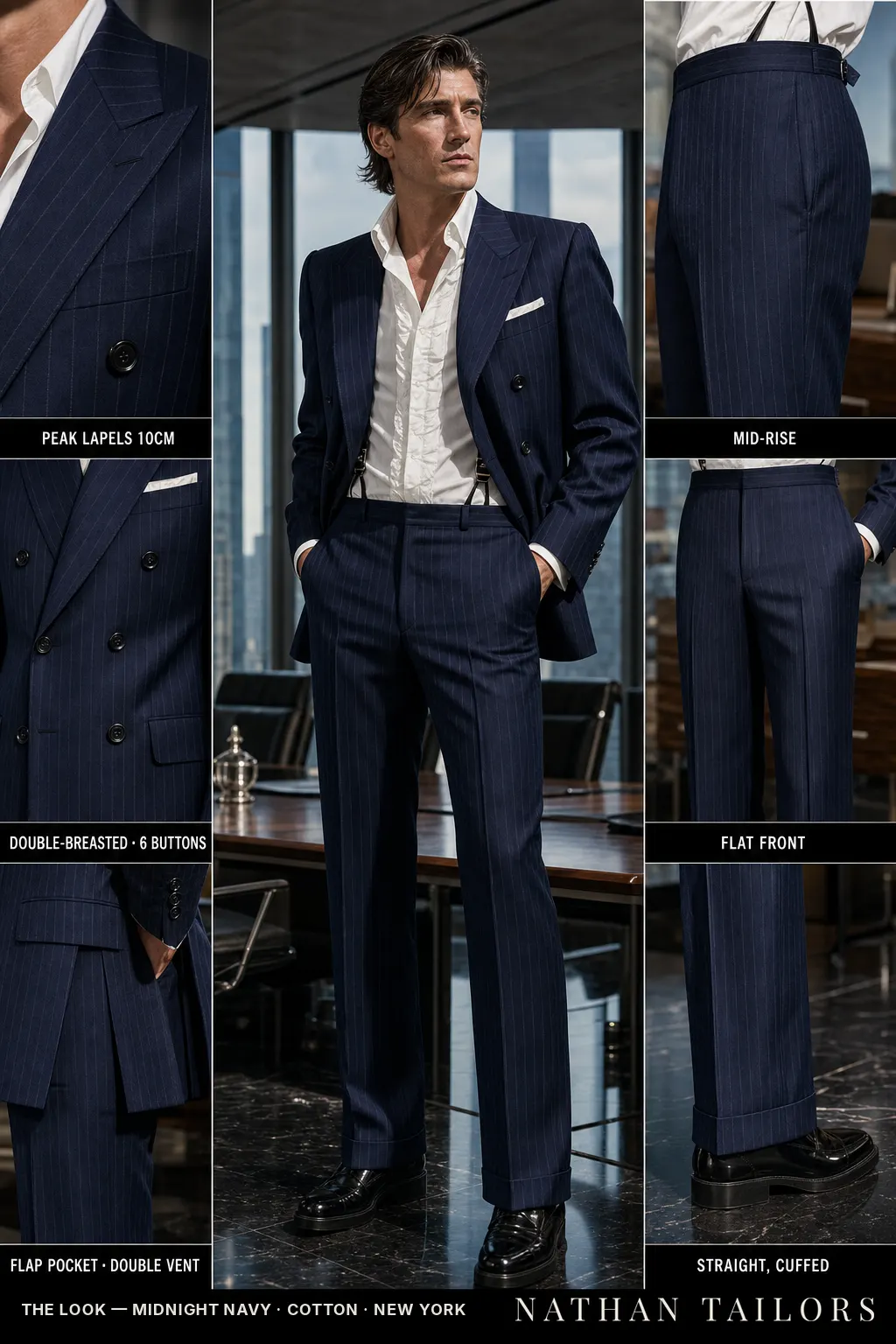 midnight navy pinstripe double-breasted peak-lapel bespoke suit — AI-rendered by Nathan Tailors, the Hoi An custom tailor. Available as a custom tailored suit from $149.