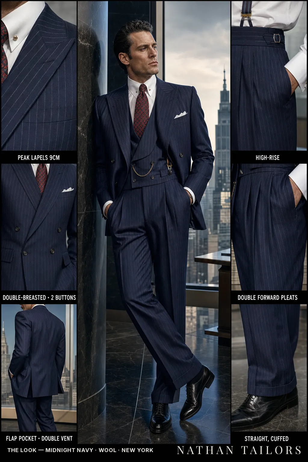 midnight navy pinstripe double-breasted peak-lapel bespoke suit — AI-rendered by Nathan Tailors, the Hoi An custom tailor. Available as a custom tailored suit from $149.