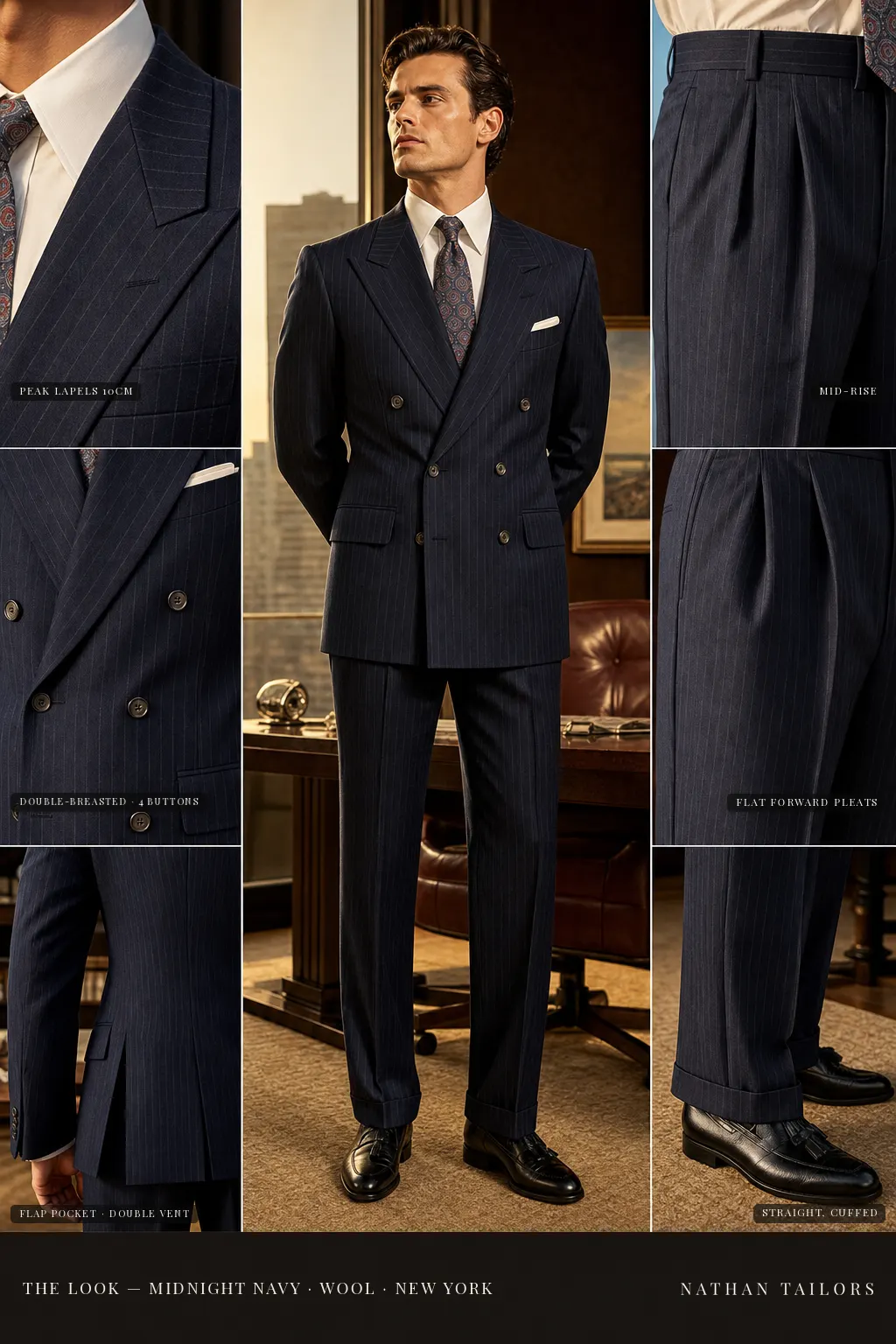 midnight navy pinstripe double-breasted peak-lapel bespoke suit — AI-rendered by Nathan Tailors, the Hoi An custom tailor. Available as a custom tailored suit from $149.