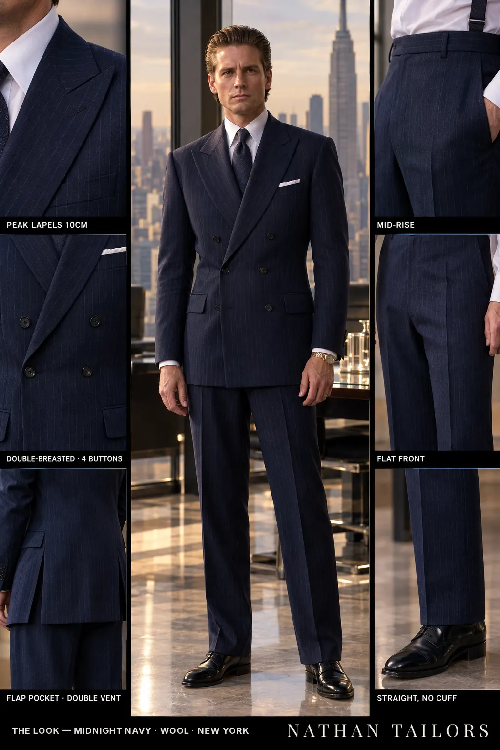 midnight navy pinstripe double-breasted bespoke suit โ custom tailored by Nathan Tailors, the Hoi An custom tailor