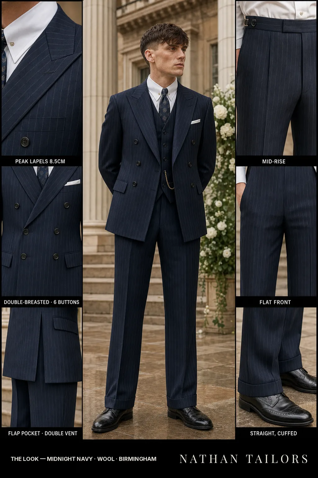 midnight navy pinstripe double-breasted peak-lapel bespoke suit โ AI-rendered by Nathan Tailors, the Hoi An custom tailor. Available as a custom tailored suit from $149.