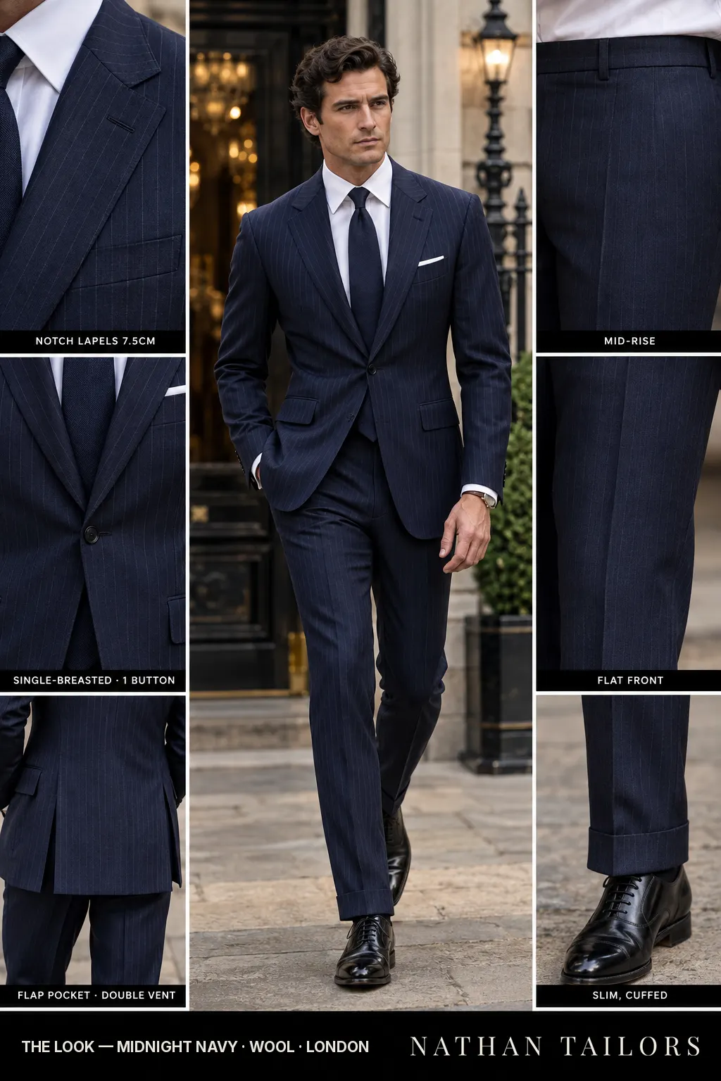 midnight navy pinstripe single-breasted bespoke suit — custom tailored by Nathan Tailors, the Hoi An custom tailor