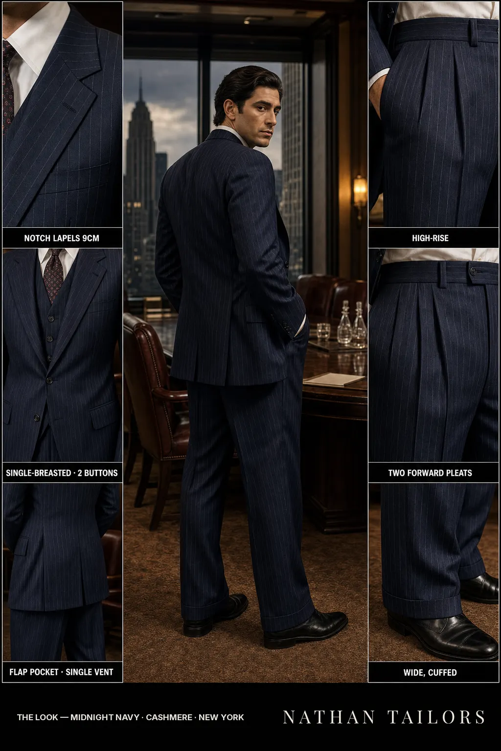 midnight navy pinstripe single-breasted bespoke suit โ custom tailored by Nathan Tailors, the Hoi An custom tailor