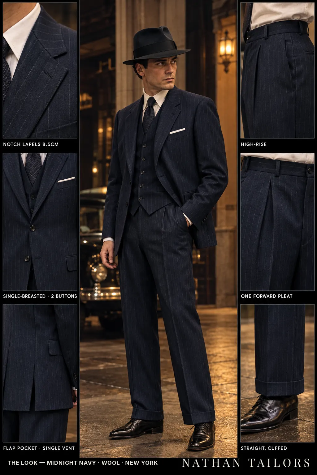 midnight navy pinstripe single-breasted bespoke suit โ custom tailored by Nathan Tailors, the Hoi An custom tailor