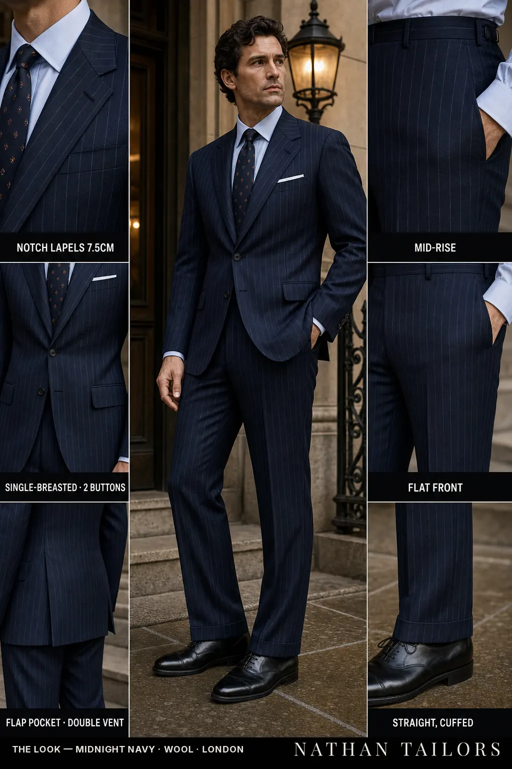 midnight navy pinstripe single-breasted notch-lapel bespoke suit โ AI-rendered by Nathan Tailors, the Hoi An custom tailor. Available as a custom tailored suit from $149.