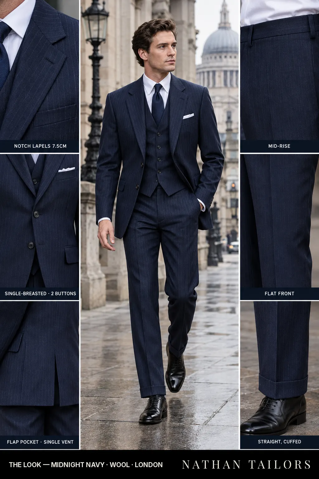 midnight navy pinstripe single-breasted bespoke suit โ custom tailored by Nathan Tailors, the Hoi An custom tailor
