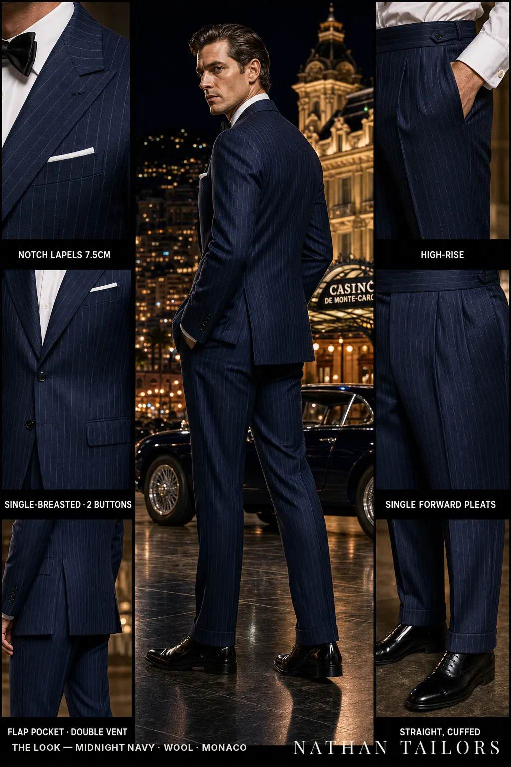 midnight navy pinstripe single-breasted notch-lapel bespoke suit โ AI-rendered by Nathan Tailors, the Hoi An custom tailor. Available as a custom tailored suit from $149.