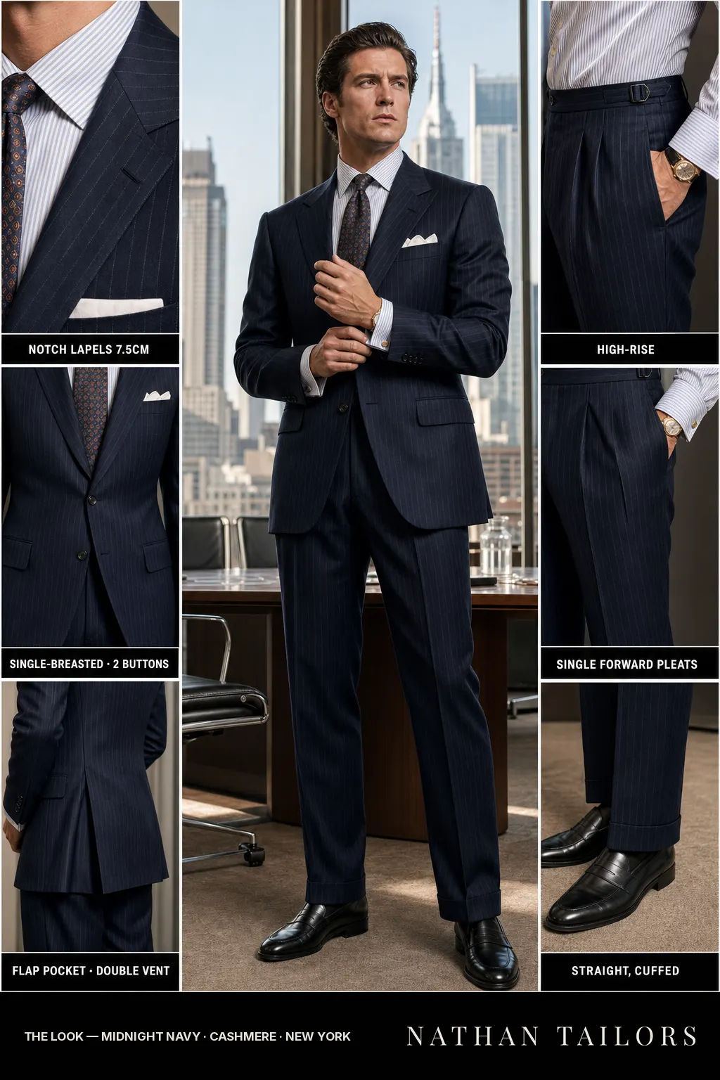 midnight navy pinstripe single-breasted notch-lapel bespoke suit โ AI-rendered by Nathan Tailors, the Hoi An custom tailor. Available as a custom tailored suit from $149.