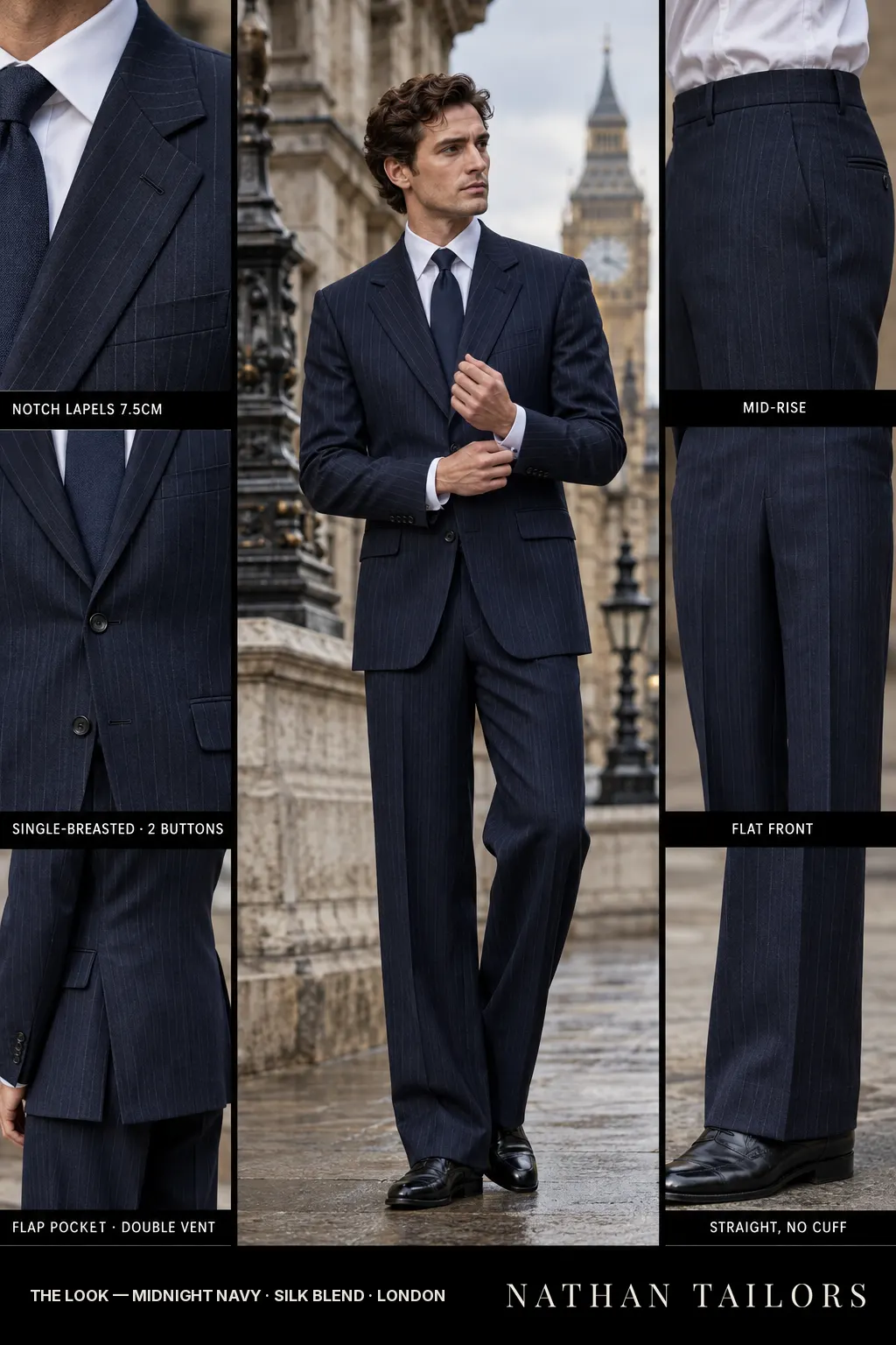 midnight navy pinstripe single-breasted notch-lapel bespoke suit — AI-rendered by Nathan Tailors, the Hoi An custom tailor. Available as a custom tailored suit from $149.