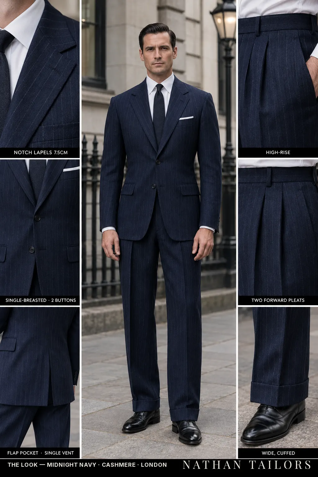 midnight navy pinstripe single-breasted notch-lapel bespoke suit โ AI-rendered by Nathan Tailors, the Hoi An custom tailor. Available as a custom tailored suit from $149.