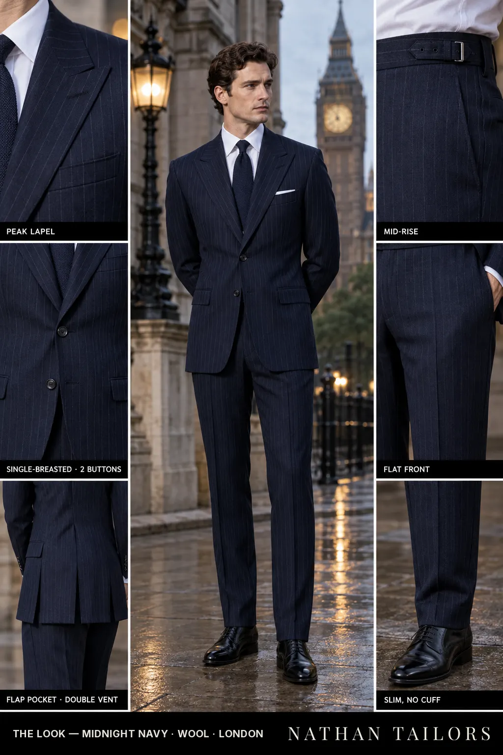 midnight navy pinstripe single-breasted bespoke suit — custom tailored by Nathan Tailors, the Hoi An custom tailor