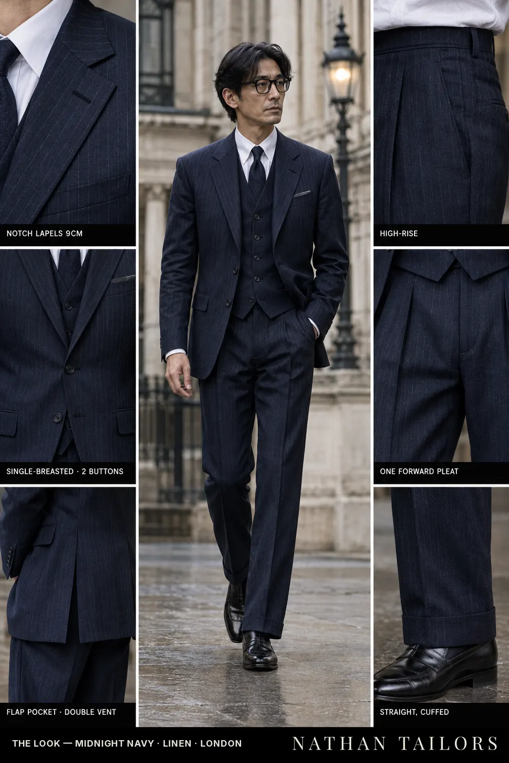 midnight navy pinstripe single-breasted bespoke suit โ custom tailored by Nathan Tailors, the Hoi An custom tailor